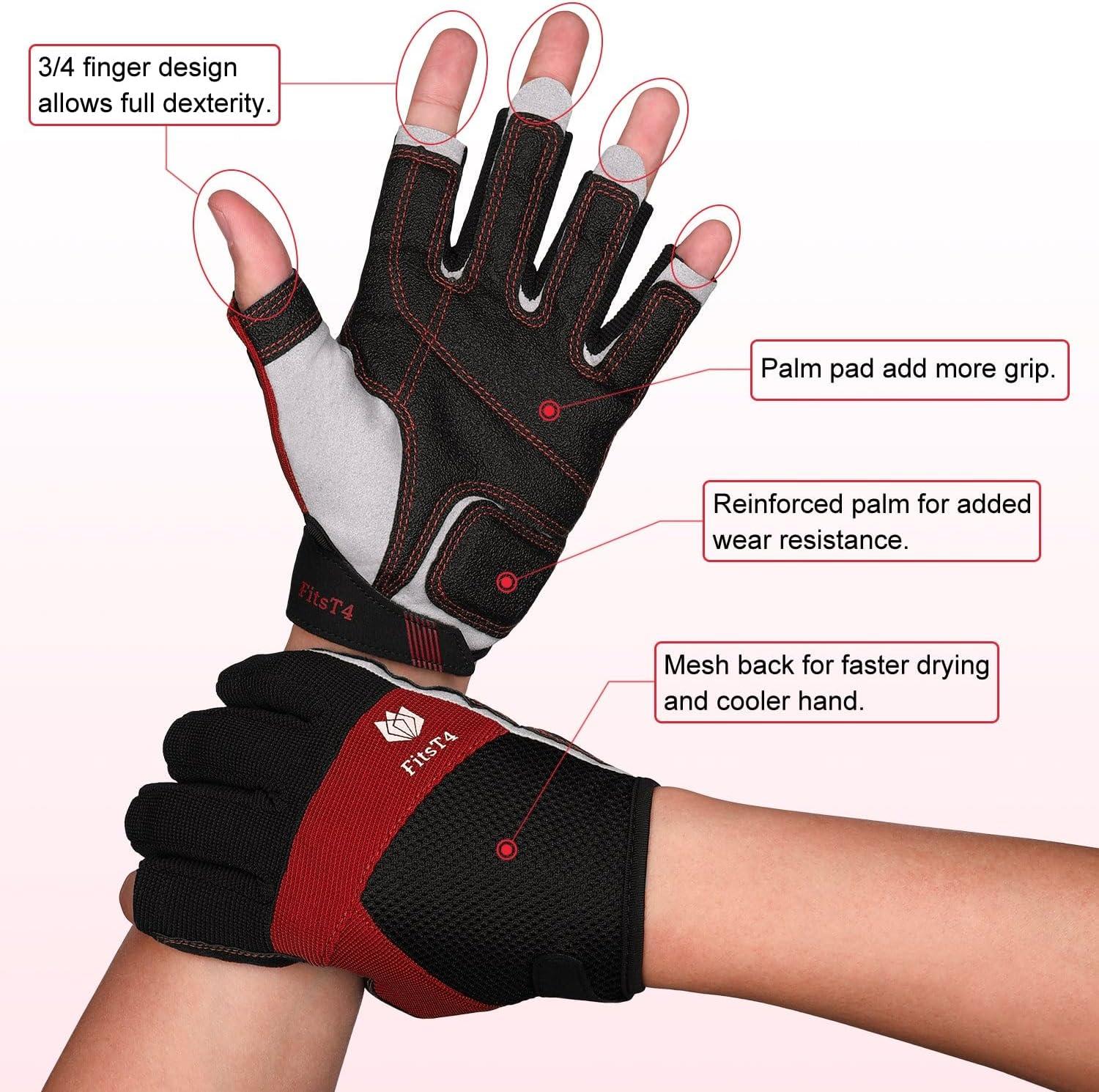 imageFitsT4 Sports Kayaking Gloves 34 or Full Finger Padded Palm Fingerless Gloves for Men Women Youth Perfect for Sailing Paddling Canoeing Boating Workout Rowing SUP and Other Water Sportsred