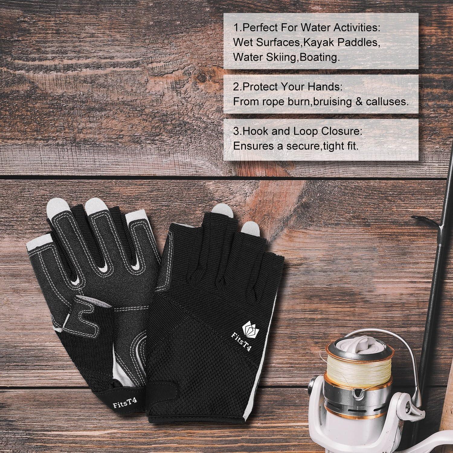 imageFitsT4 Sports Kayaking Gloves 34 or Full Finger Padded Palm Fingerless Gloves for Men Women Youth Perfect for Sailing Paddling Canoeing Boating Workout Rowing SUP and Other Water Sportsblack