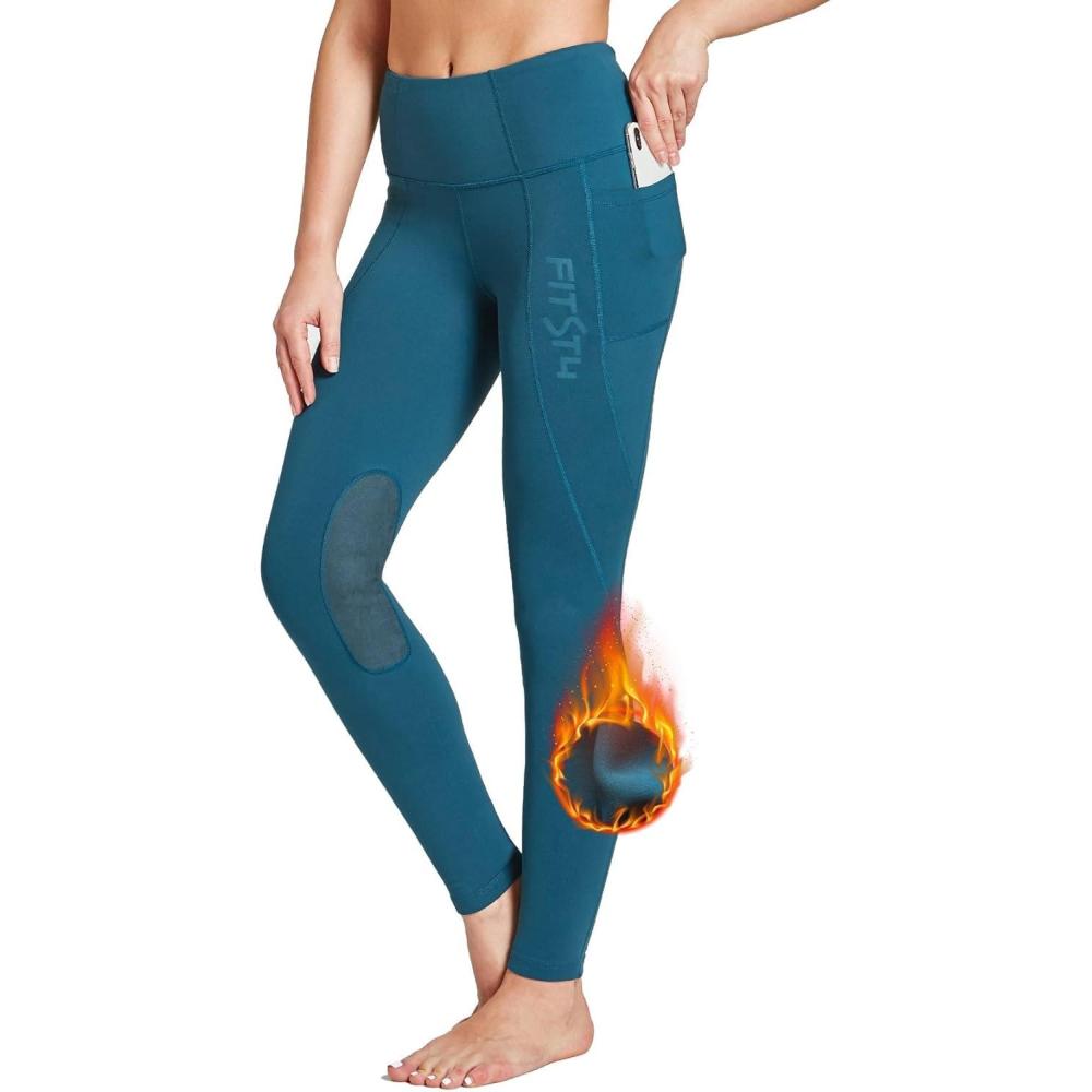 imageFitsT4 Sports Womens Fleece Lined Riding Breeches Winter Equestrian Pants Knee Patch Horseback Riding Tights Cell PocketNavy