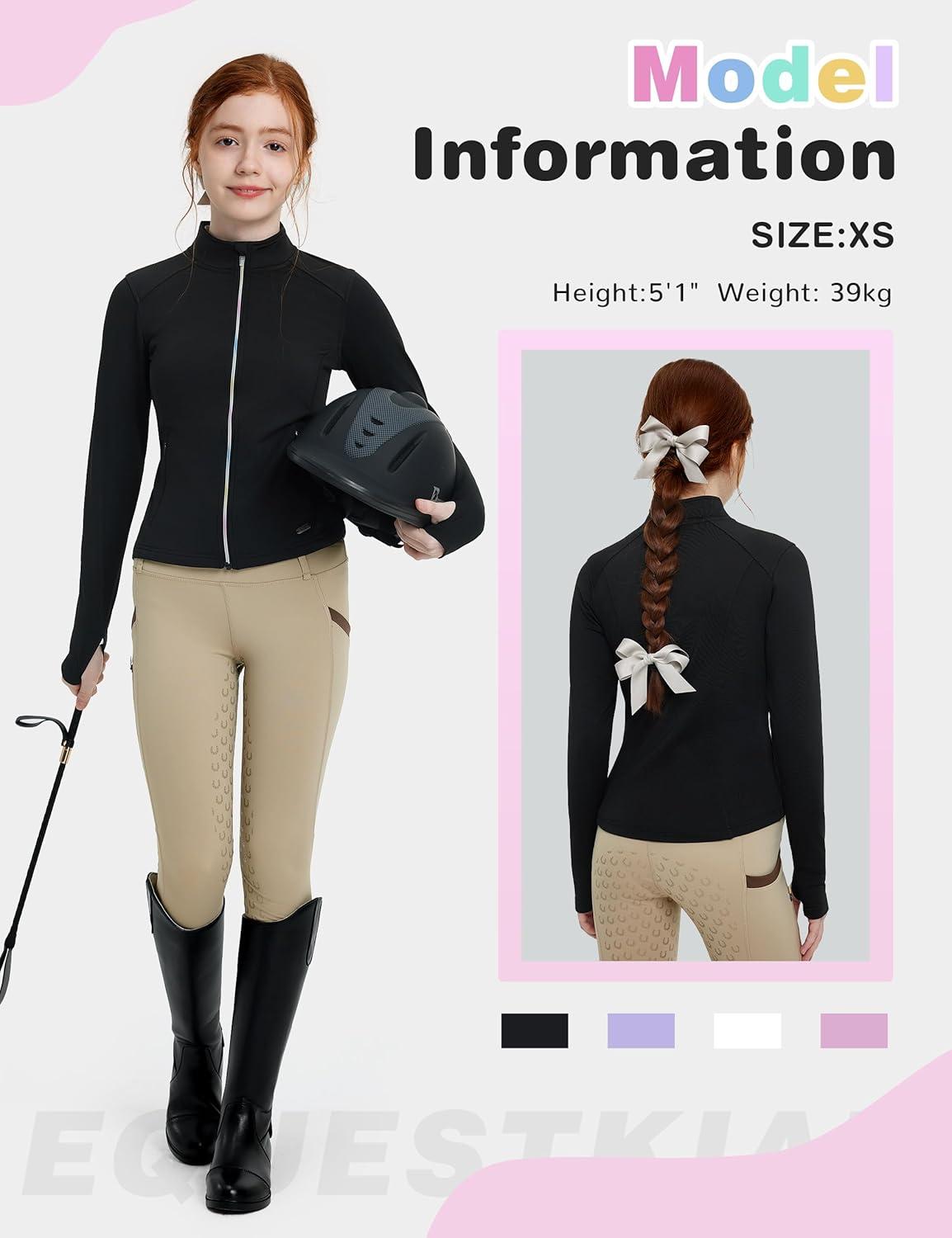 imageFitsT4 Sports Girls Fleece Equestrian Shirt Horse Riding Jacket Fall Winter Warm Horseback Riding Shirts Athletic OutwearBlack