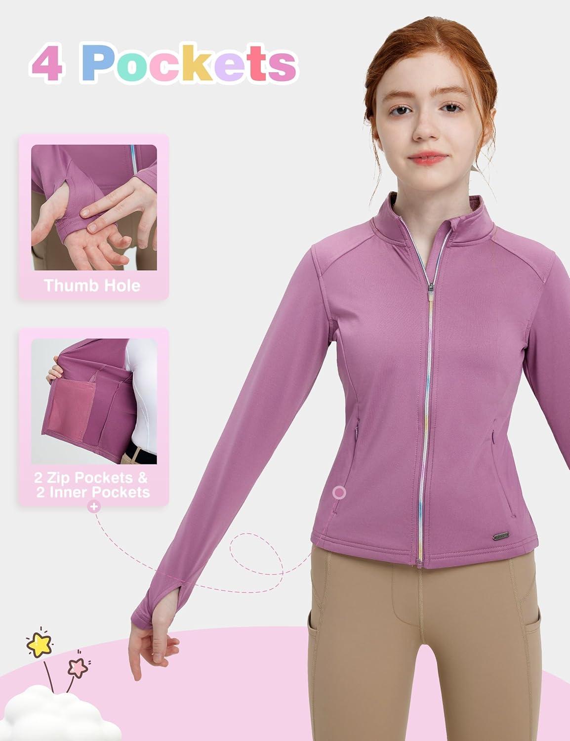 imageFitsT4 Sports Girls Fleece Equestrian Shirt Horse Riding Jacket Fall Winter Warm Horseback Riding Shirts Athletic OutwearPink