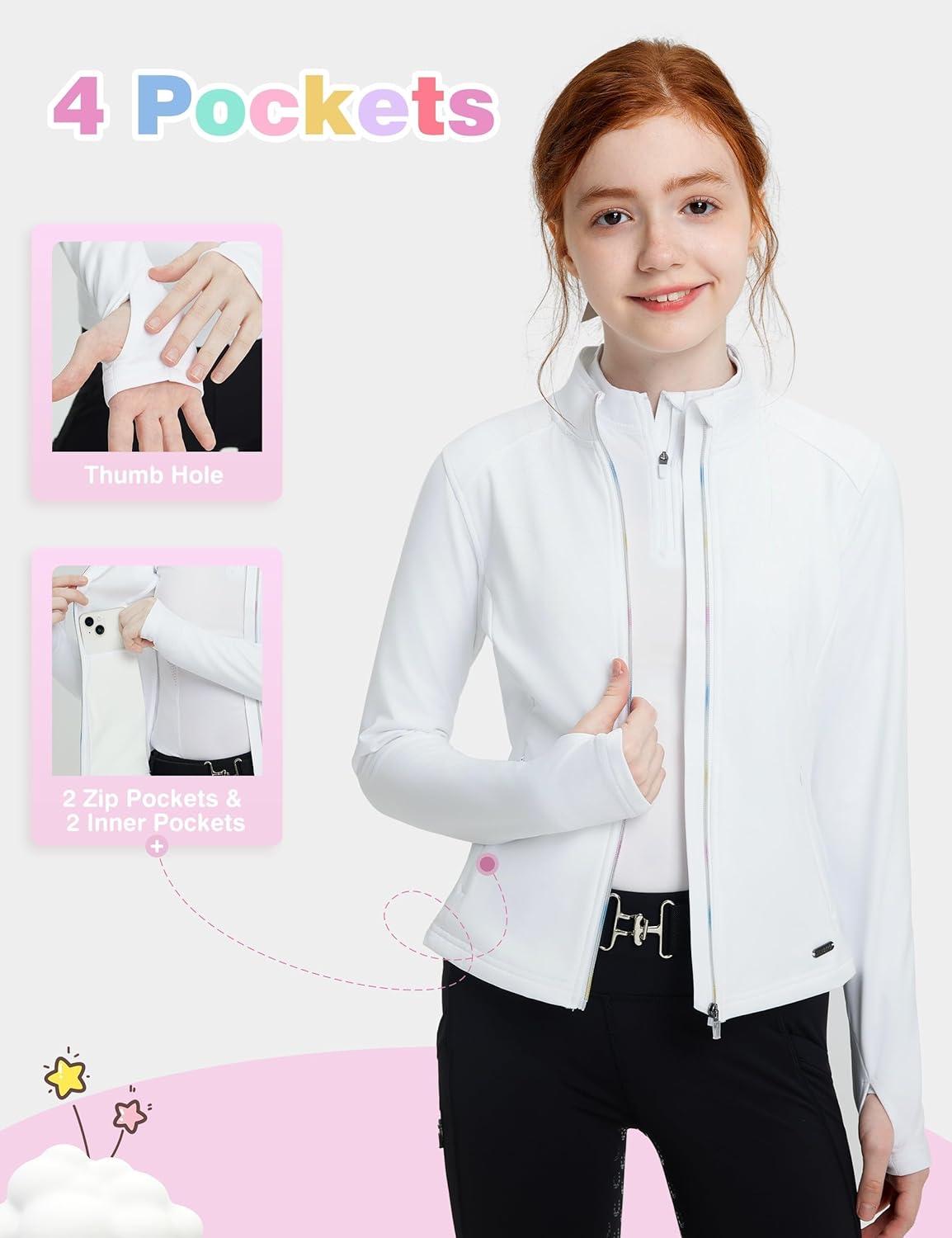 imageFitsT4 Sports Girls Fleece Equestrian Shirt Horse Riding Jacket Fall Winter Warm Horseback Riding Shirts Athletic OutwearWhite