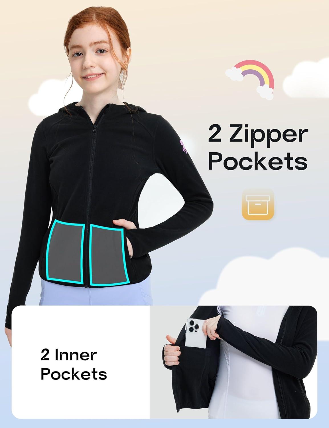 imageFitsT4 Sports Girls Fleece Horse Riding Jackets Hoodie Kids Equestrian Shirts Full Zip Up Long Sleeve Thumbholes for WinterBlack