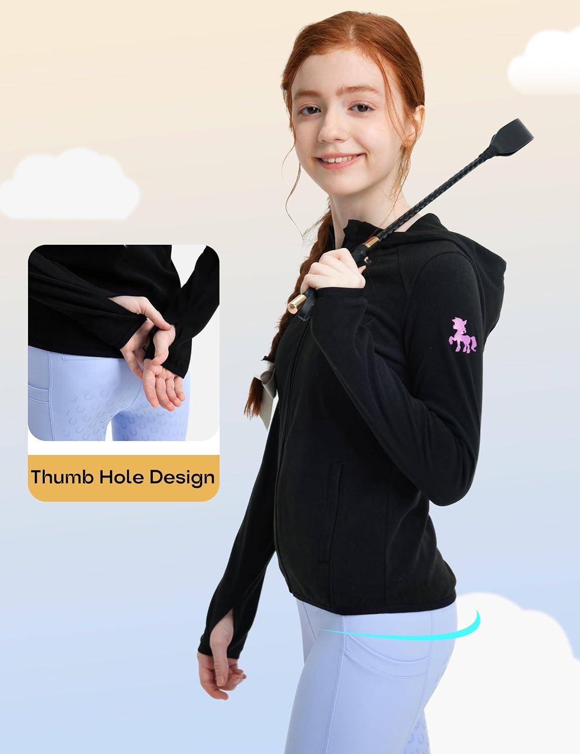 imageFitsT4 Sports Girls Fleece Horse Riding Jackets Hoodie Kids Equestrian Shirts Full Zip Up Long Sleeve Thumbholes for WinterBlack