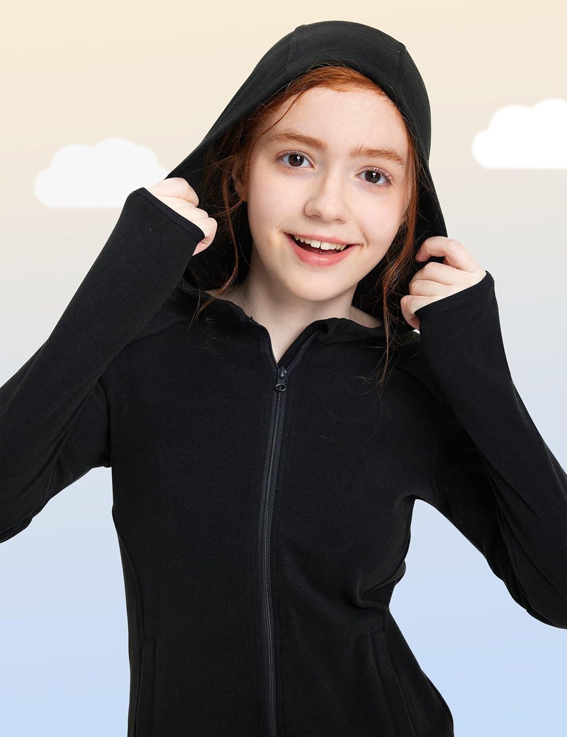 imageFitsT4 Sports Girls Fleece Horse Riding Jackets Hoodie Kids Equestrian Shirts Full Zip Up Long Sleeve Thumbholes for WinterBlack