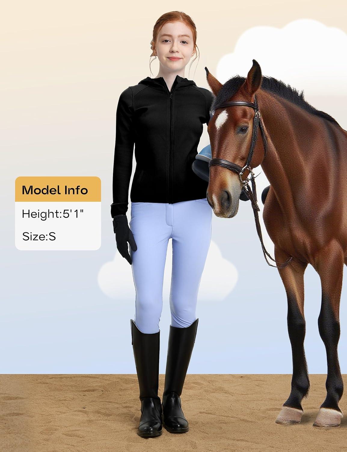 imageFitsT4 Sports Girls Fleece Horse Riding Jackets Hoodie Kids Equestrian Shirts Full Zip Up Long Sleeve Thumbholes for WinterBlack