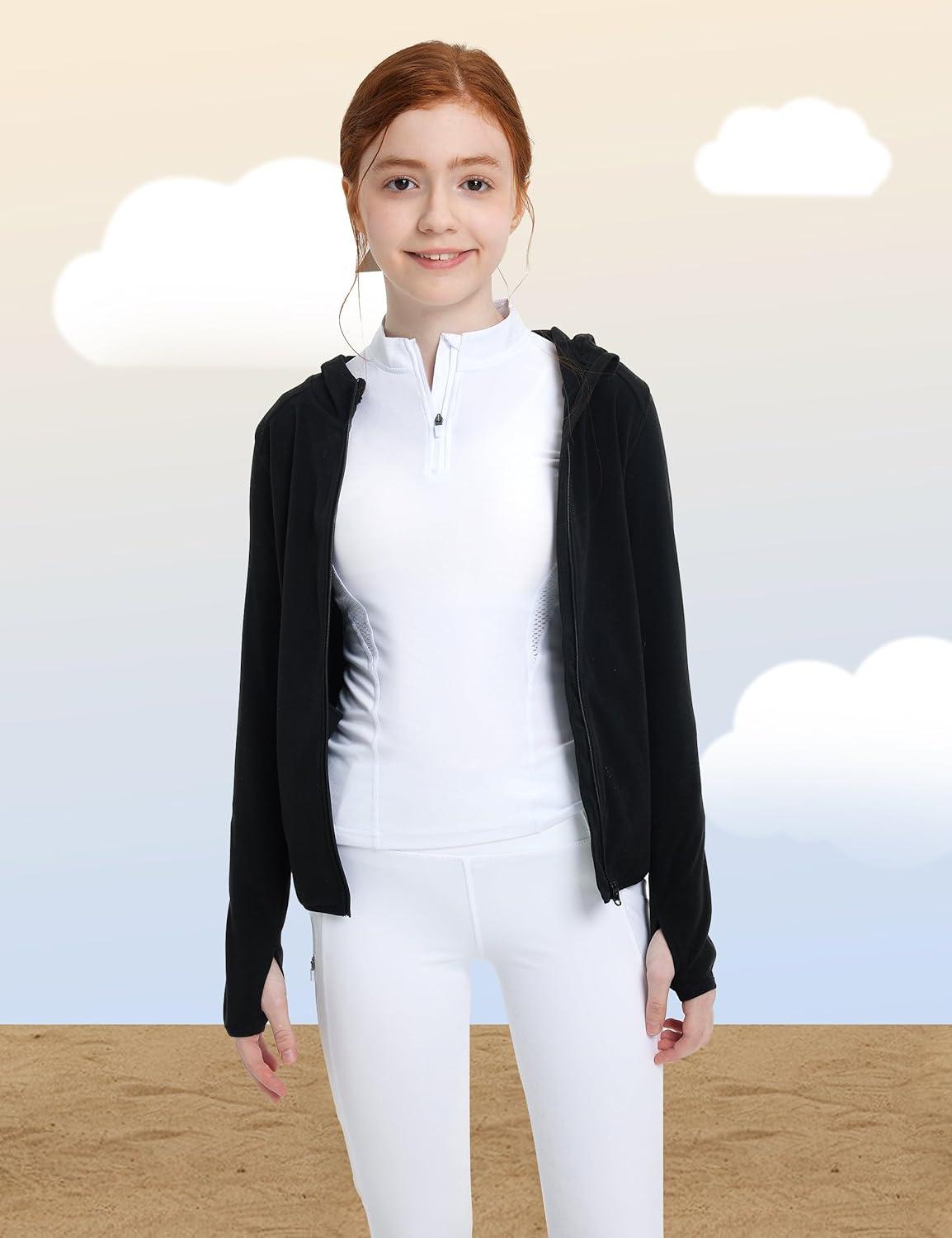 imageFitsT4 Sports Girls Fleece Horse Riding Jackets Hoodie Kids Equestrian Shirts Full Zip Up Long Sleeve Thumbholes for WinterBlack