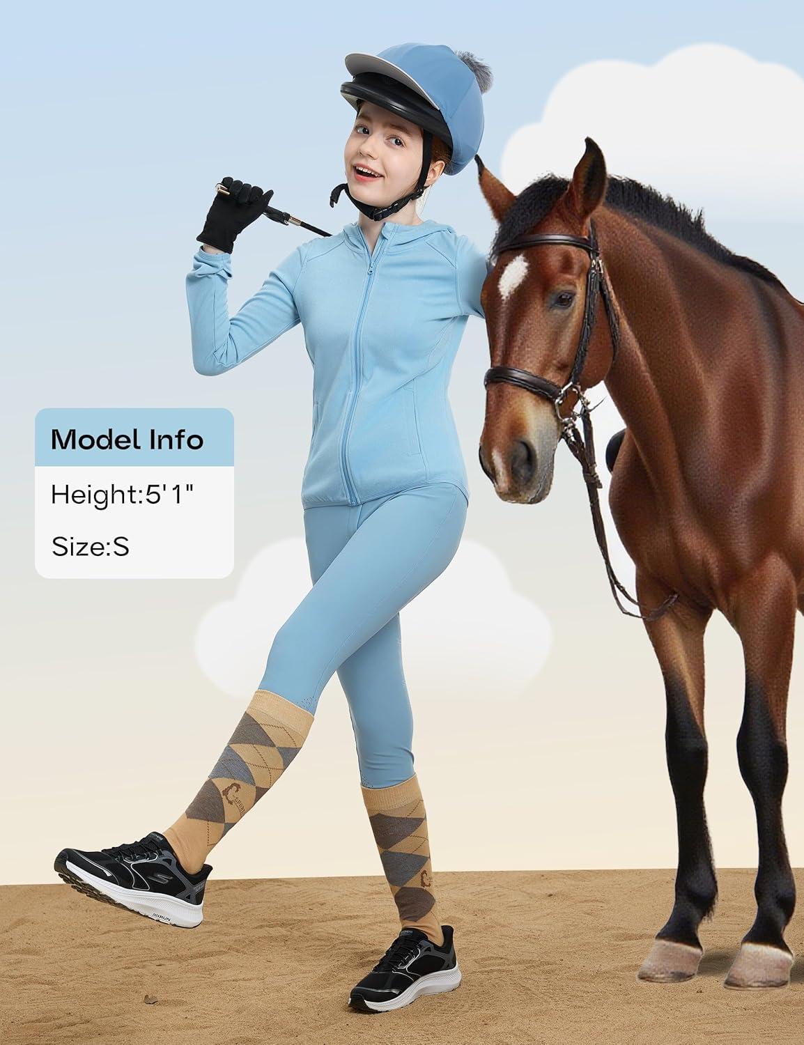 imageFitsT4 Sports Girls Fleece Horse Riding Jackets Hoodie Kids Equestrian Shirts Full Zip Up Long Sleeve Thumbholes for WinterBlue