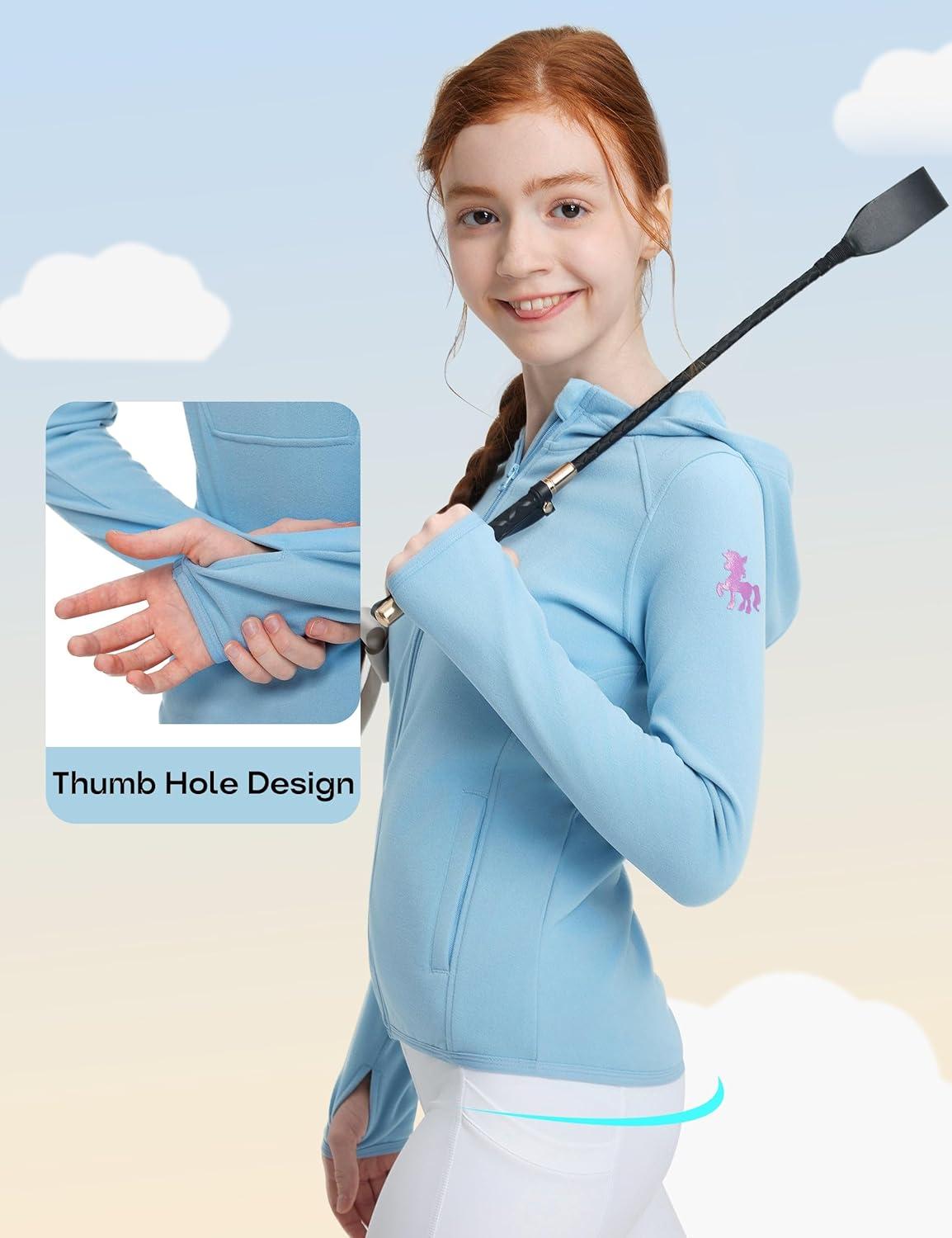 imageFitsT4 Sports Girls Fleece Horse Riding Jackets Hoodie Kids Equestrian Shirts Full Zip Up Long Sleeve Thumbholes for WinterBlue