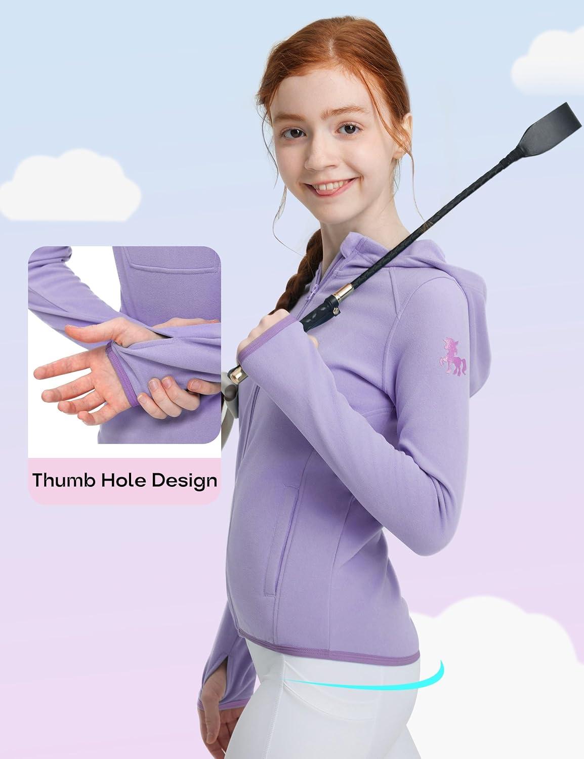 imageFitsT4 Sports Girls Fleece Horse Riding Jackets Hoodie Kids Equestrian Shirts Full Zip Up Long Sleeve Thumbholes for WinterLight Purple