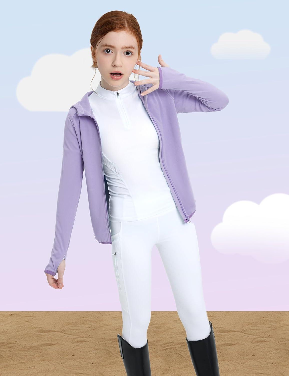 imageFitsT4 Sports Girls Fleece Horse Riding Jackets Hoodie Kids Equestrian Shirts Full Zip Up Long Sleeve Thumbholes for WinterLight Purple