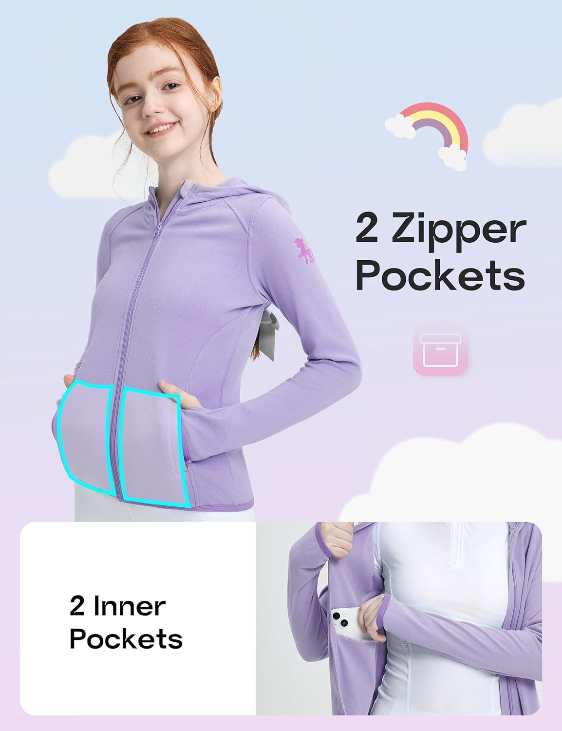 imageFitsT4 Sports Girls Fleece Horse Riding Jackets Hoodie Kids Equestrian Shirts Full Zip Up Long Sleeve Thumbholes for WinterLight Purple