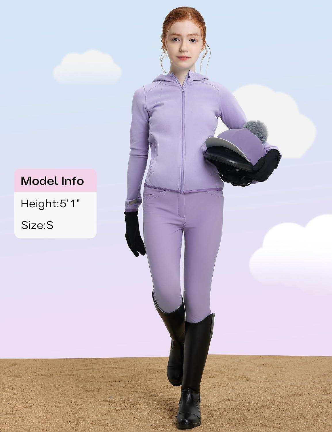 imageFitsT4 Sports Girls Fleece Horse Riding Jackets Hoodie Kids Equestrian Shirts Full Zip Up Long Sleeve Thumbholes for WinterLight Purple