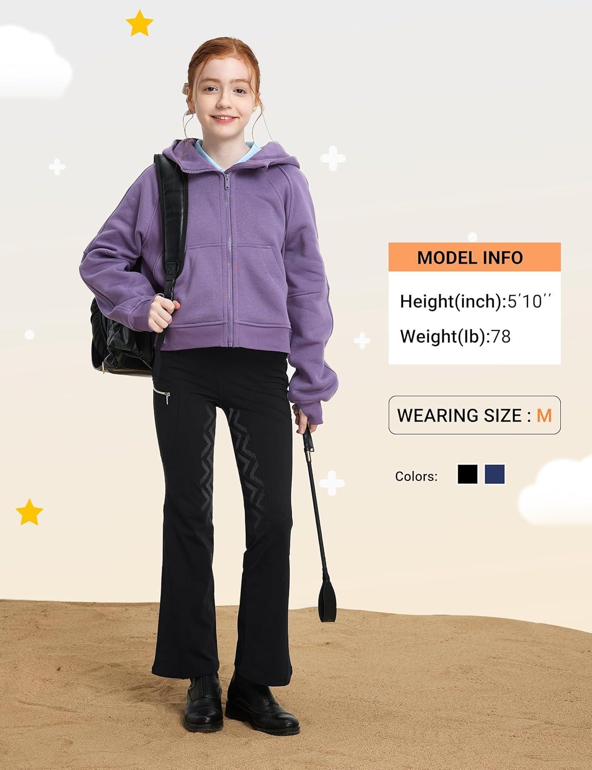 imageFitsT4 Sports Girls Fleece Horse Riding Pants Bootcut Winter Full Seat Riding Tights Kids Equestrian Breeches PocketsBlack