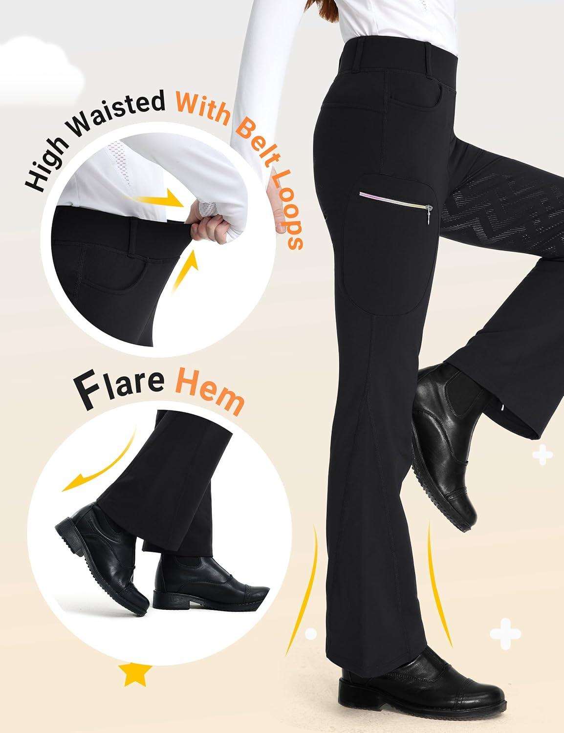 imageFitsT4 Sports Girls Fleece Horse Riding Pants Bootcut Winter Full Seat Riding Tights Kids Equestrian Breeches PocketsBlack