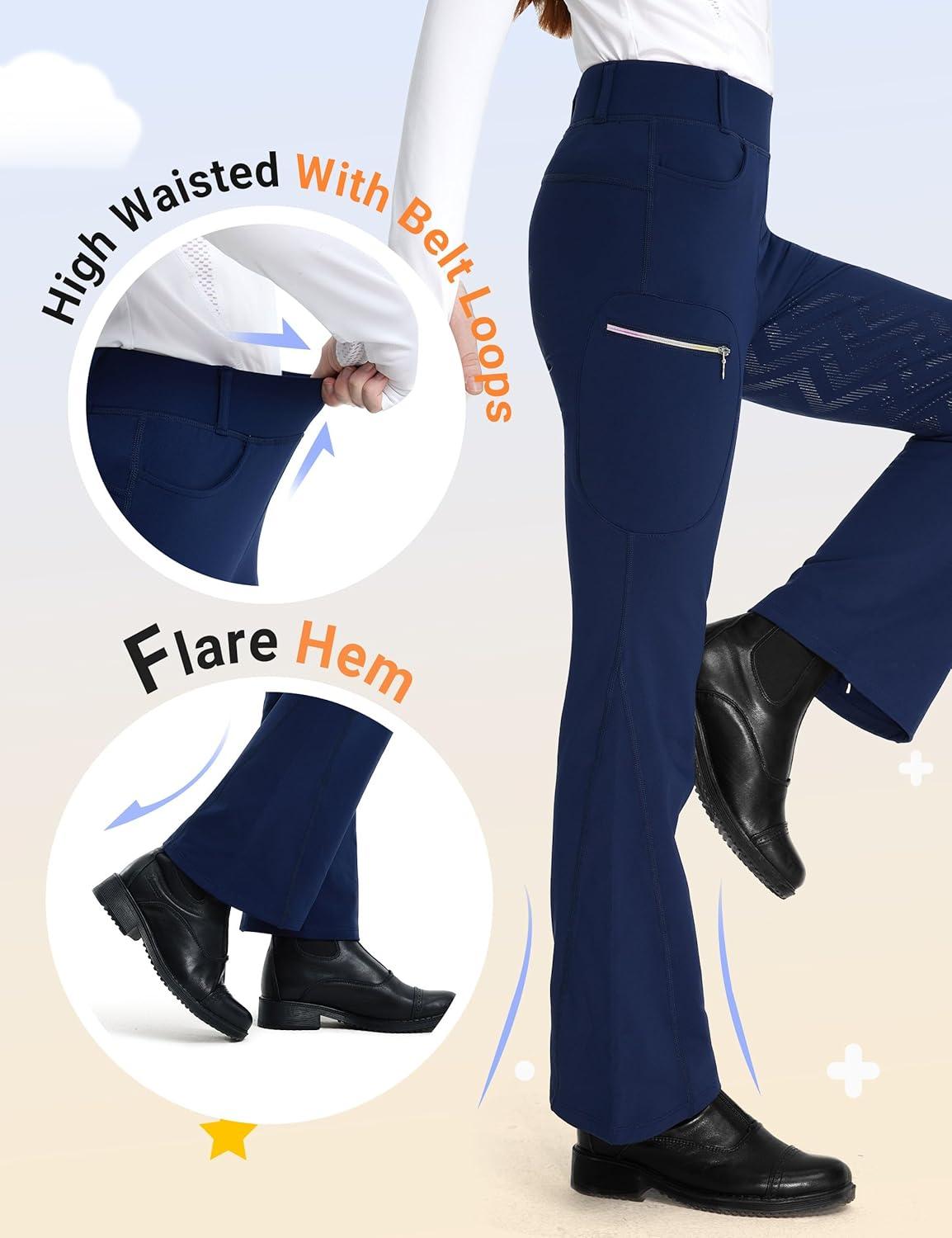 imageFitsT4 Sports Girls Fleece Horse Riding Pants Bootcut Winter Full Seat Riding Tights Kids Equestrian Breeches PocketsNavy