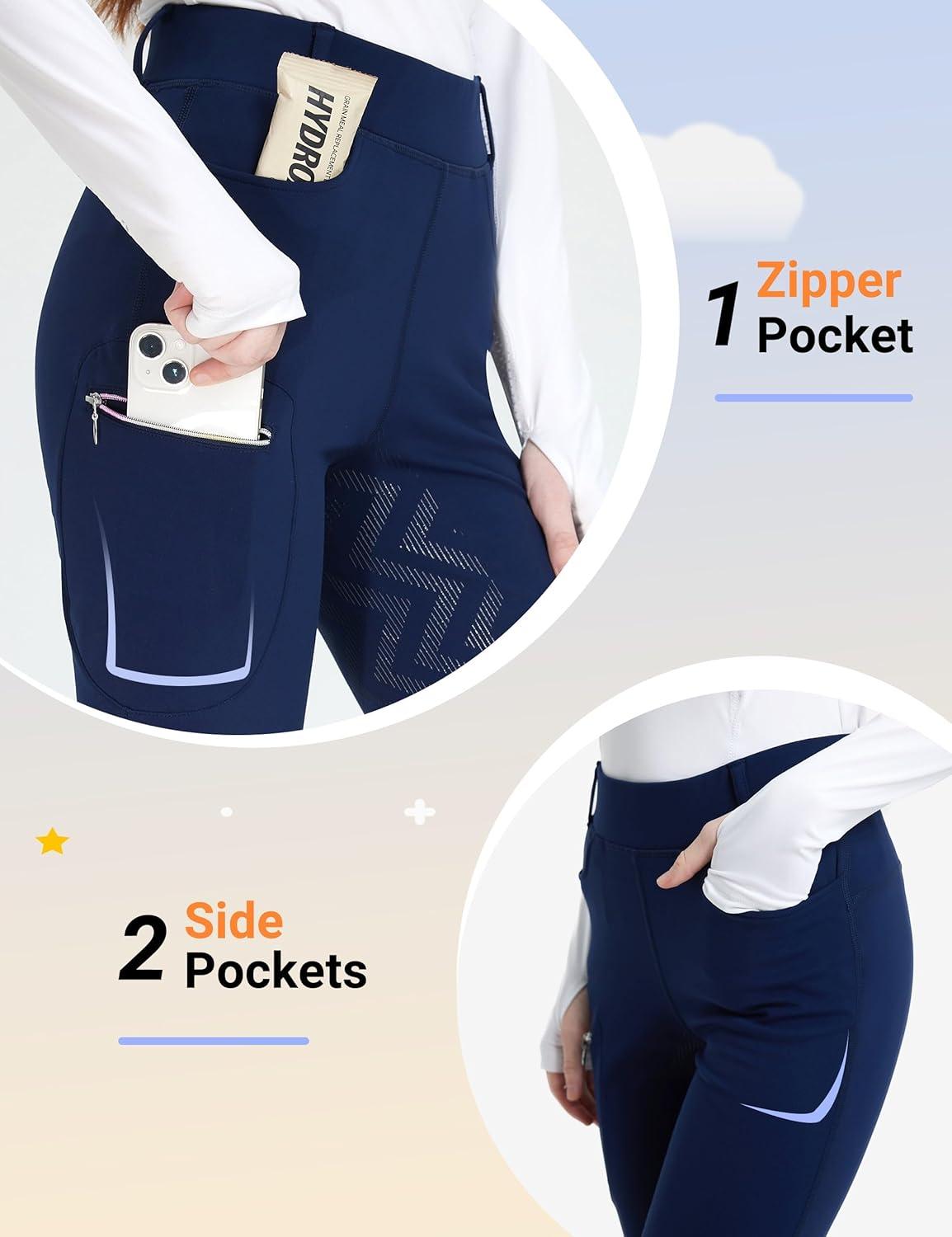 imageFitsT4 Sports Girls Fleece Horse Riding Pants Bootcut Winter Full Seat Riding Tights Kids Equestrian Breeches PocketsNavy