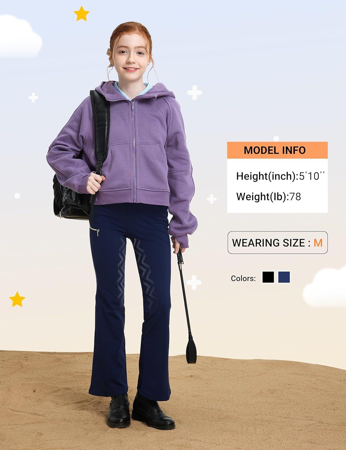 imageFitsT4 Sports Girls Fleece Horse Riding Pants Bootcut Winter Full Seat Riding Tights Kids Equestrian Breeches PocketsNavy