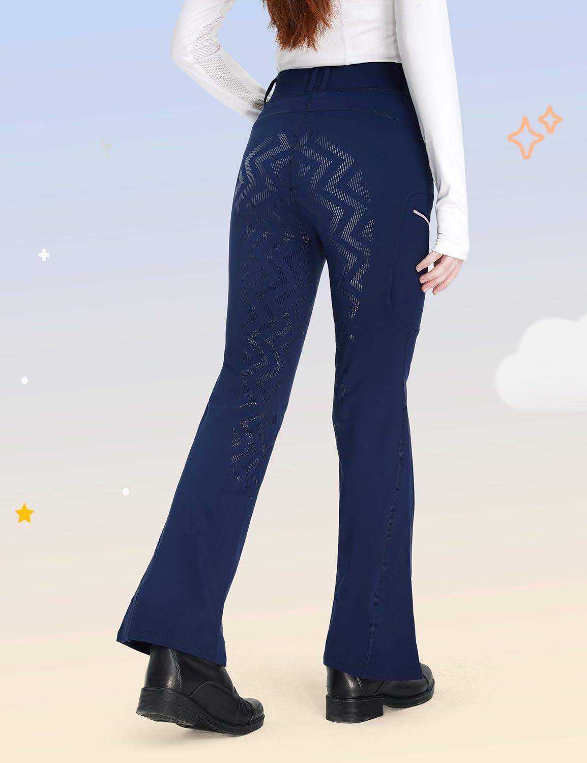 imageFitsT4 Sports Girls Fleece Horse Riding Pants Bootcut Winter Full Seat Riding Tights Kids Equestrian Breeches PocketsNavy