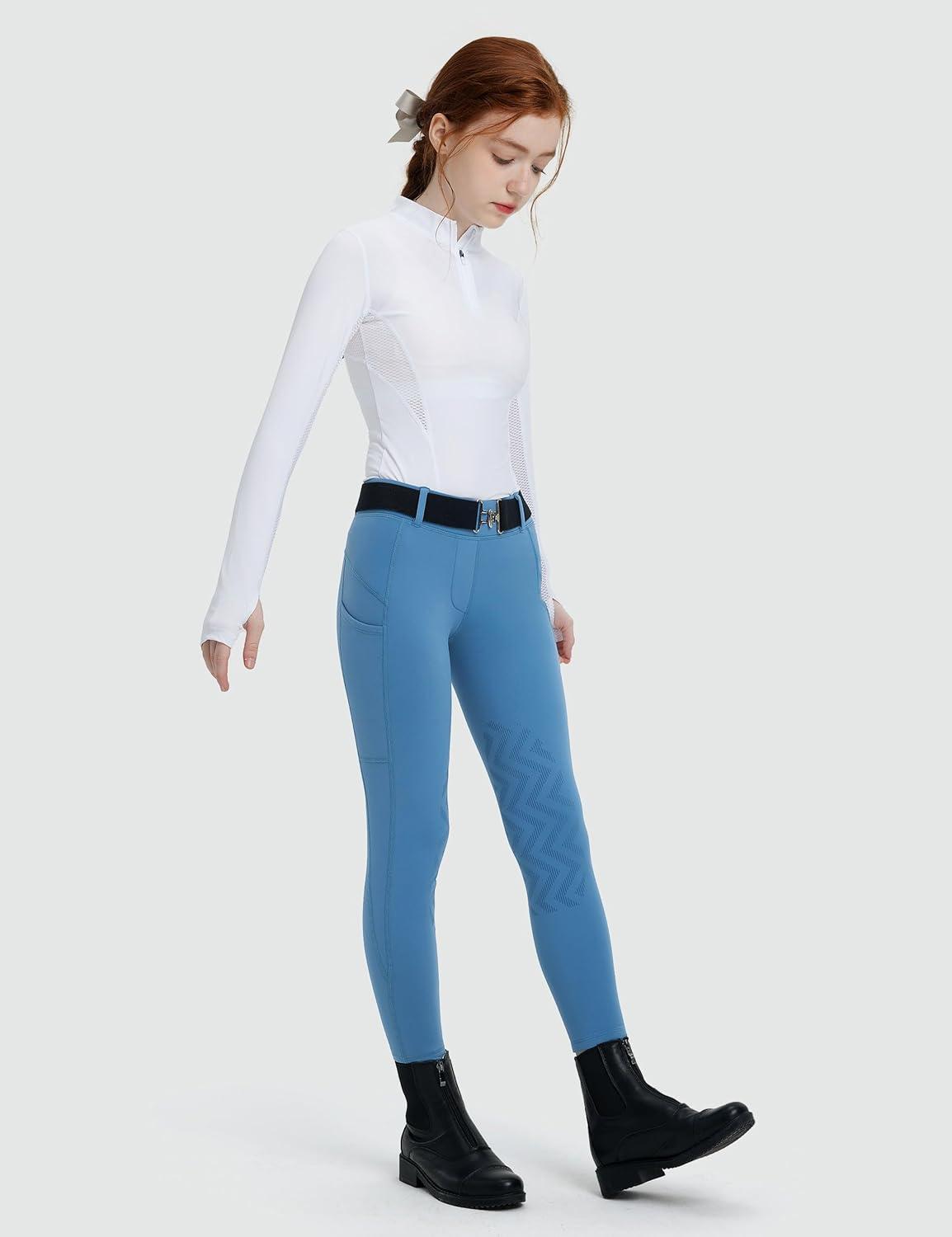 imageFitsT4 Sports Girls Winter Riding Breeches Kids Fleece Horse Riding Pants KneePatch Equestrian Schooling Tights PocketsHaze Blue