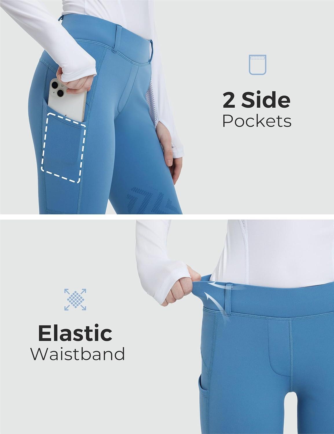 imageFitsT4 Sports Girls Winter Riding Breeches Kids Fleece Horse Riding Pants KneePatch Equestrian Schooling Tights PocketsHaze Blue