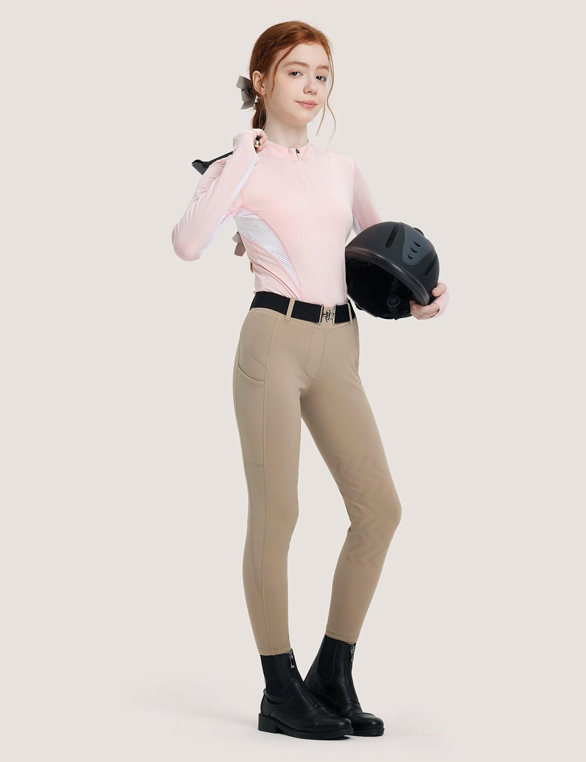 imageFitsT4 Sports Girls Winter Riding Breeches Kids Fleece Horse Riding Pants KneePatch Equestrian Schooling Tights PocketsKhaki