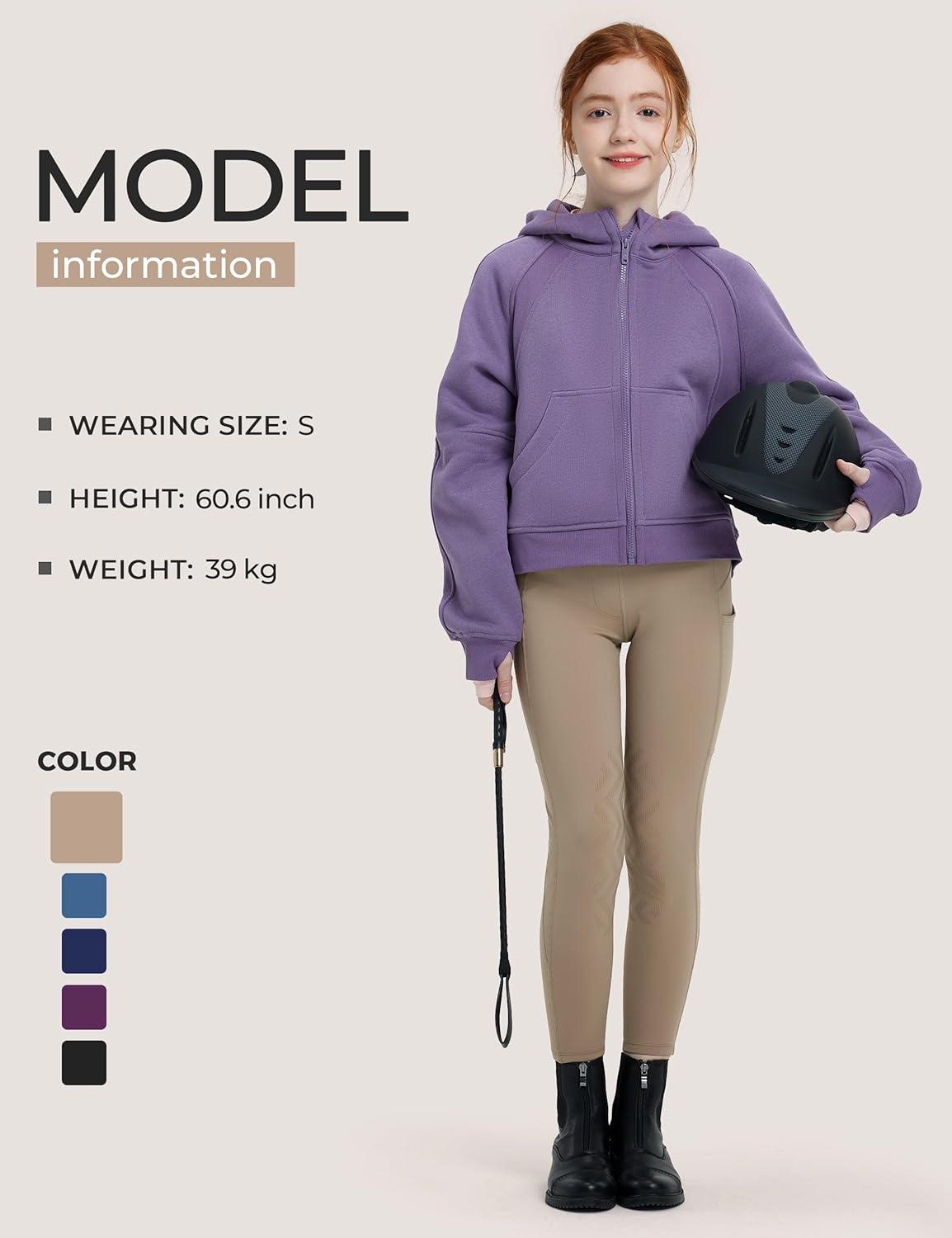 imageFitsT4 Sports Girls Winter Riding Breeches Kids Fleece Horse Riding Pants KneePatch Equestrian Schooling Tights PocketsKhaki