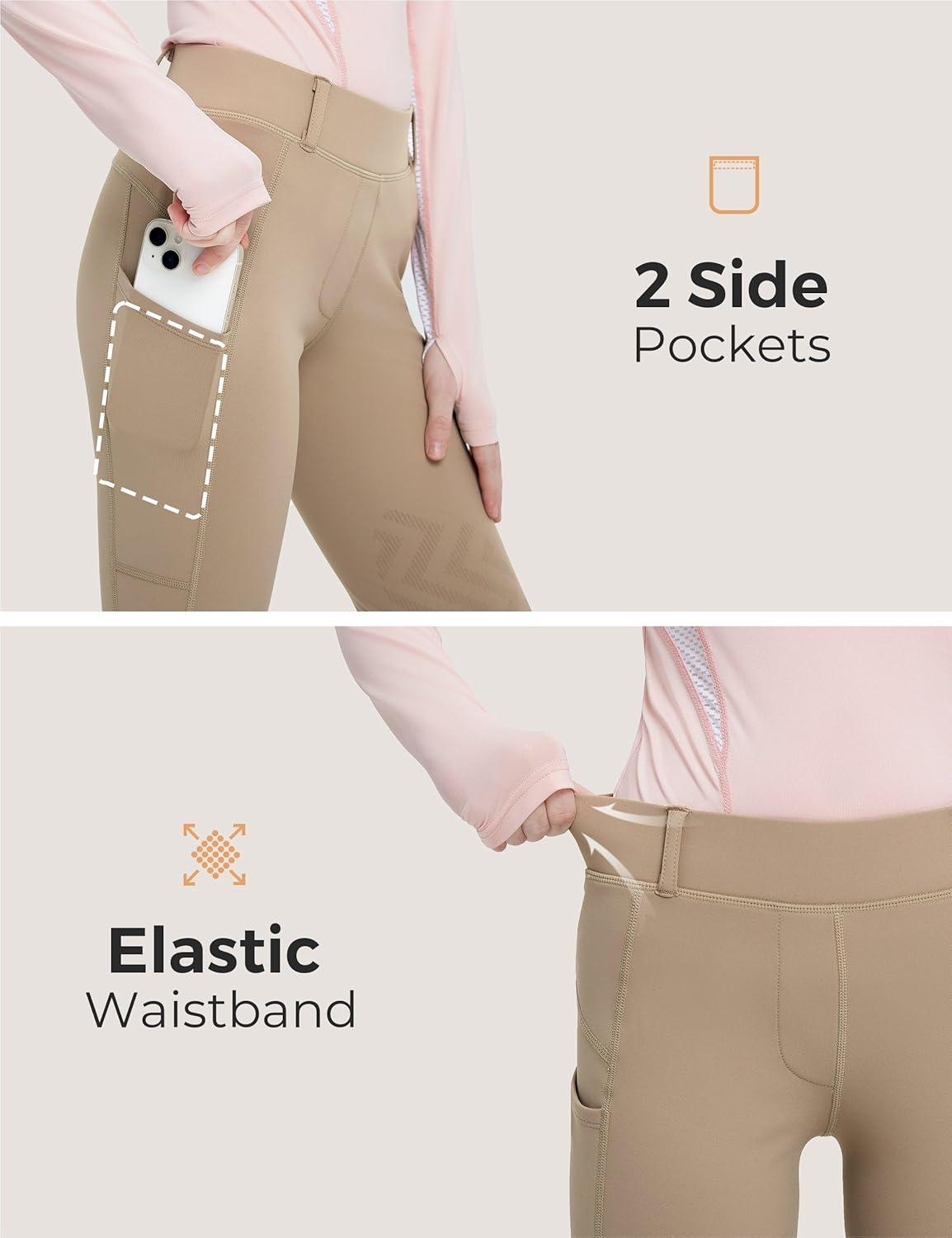 imageFitsT4 Sports Girls Winter Riding Breeches Kids Fleece Horse Riding Pants KneePatch Equestrian Schooling Tights PocketsKhaki