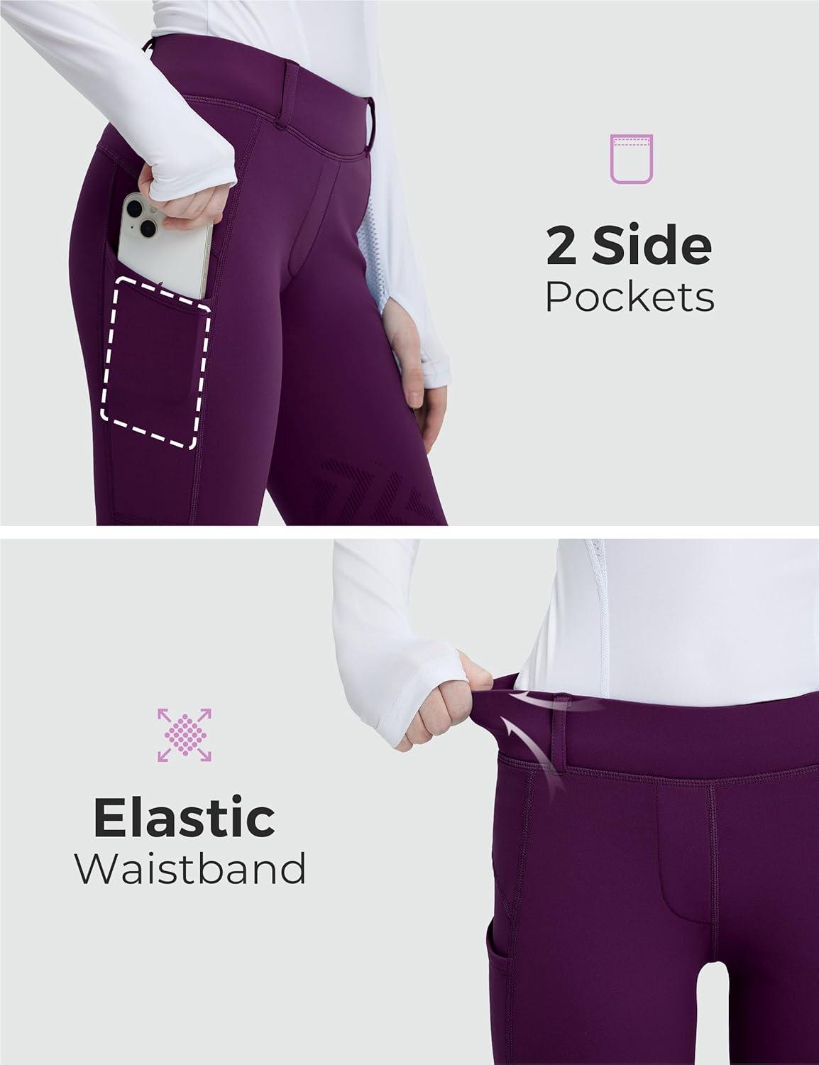 imageFitsT4 Sports Girls Winter Riding Breeches Kids Fleece Horse Riding Pants KneePatch Equestrian Schooling Tights PocketsPurple