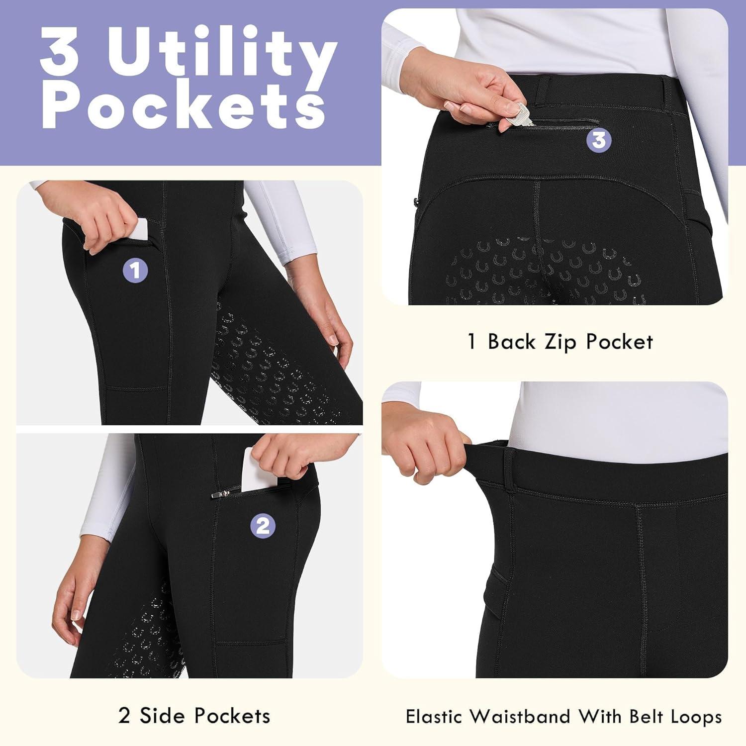 imageFitsT4 Sports Girls Winter Riding Pants Fleece Lined Riding Breeches Kids Full Seat Equestrian Pants Tights with PocketsBlack