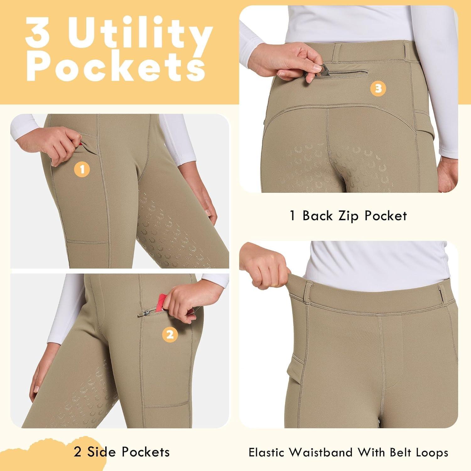 imageFitsT4 Sports Girls Winter Riding Pants Fleece Lined Riding Breeches Kids Full Seat Equestrian Pants Tights with PocketsBrown