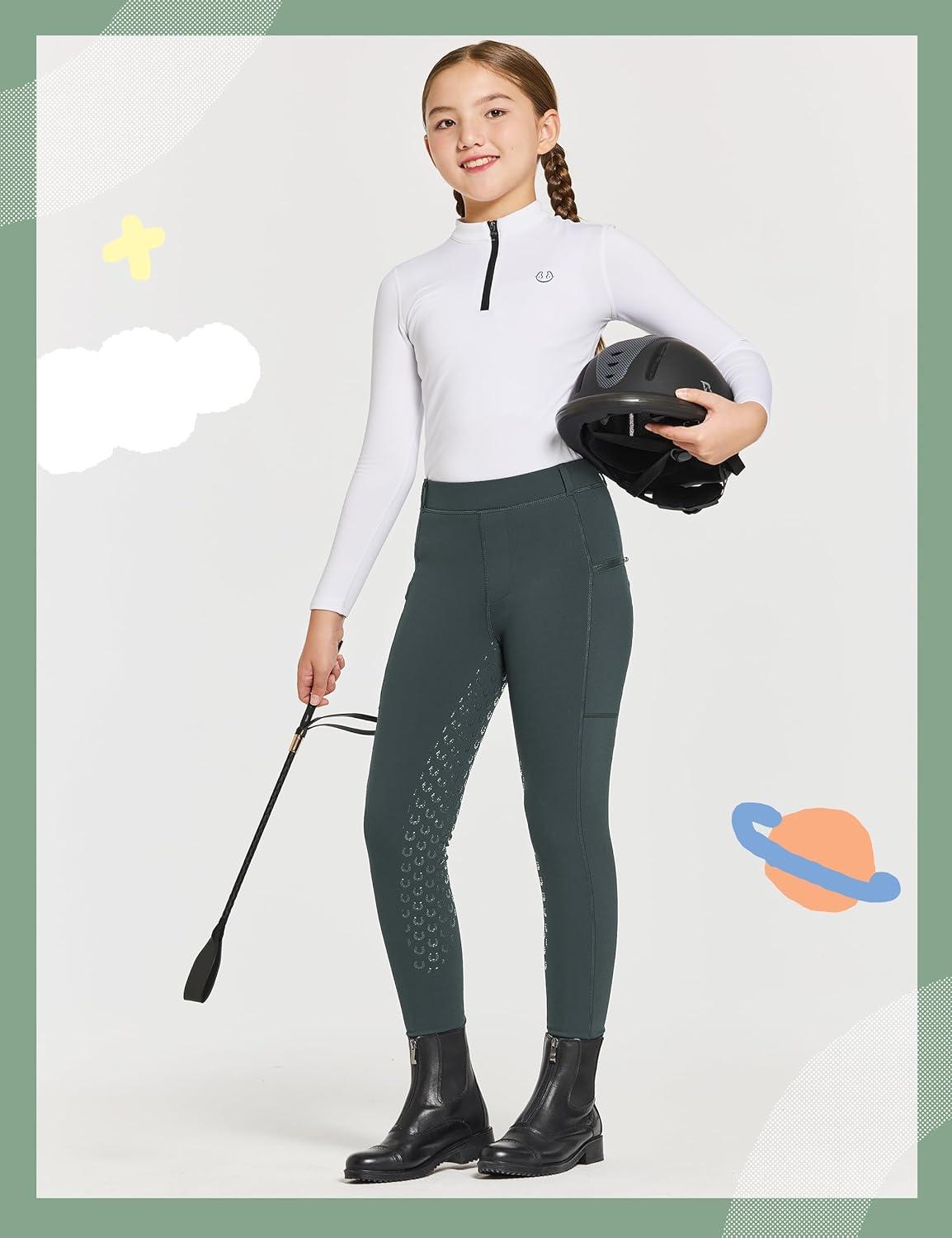 imageFitsT4 Sports Girls Winter Riding Pants Fleece Lined Riding Breeches Kids Full Seat Equestrian Pants Tights with PocketsGrey