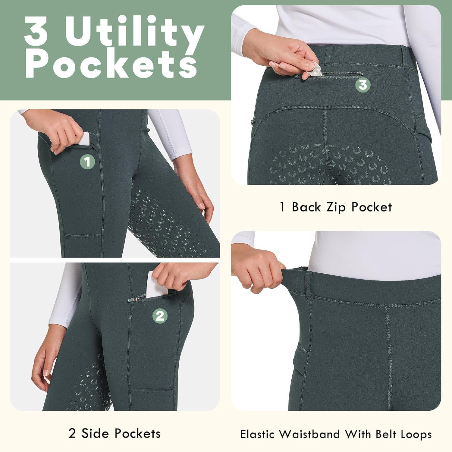 imageFitsT4 Sports Girls Winter Riding Pants Fleece Lined Riding Breeches Kids Full Seat Equestrian Pants Tights with PocketsGrey