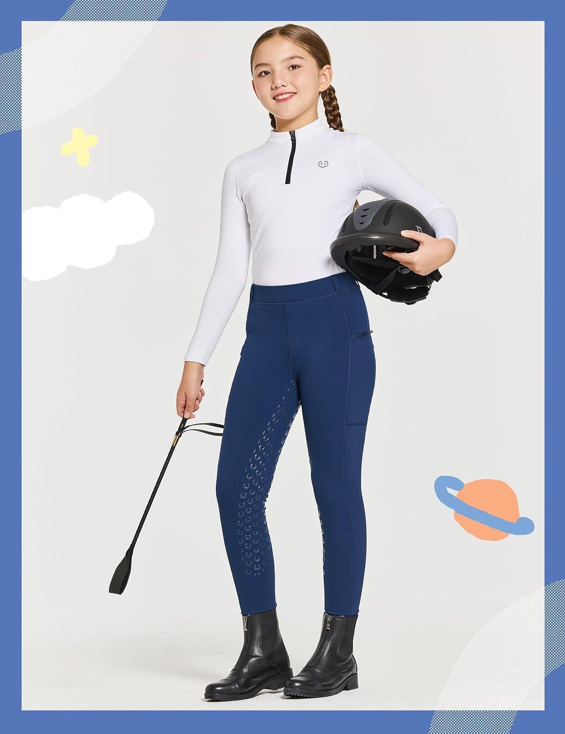 imageFitsT4 Sports Girls Winter Riding Pants Fleece Lined Riding Breeches Kids Full Seat Equestrian Pants Tights with PocketsNavyblue