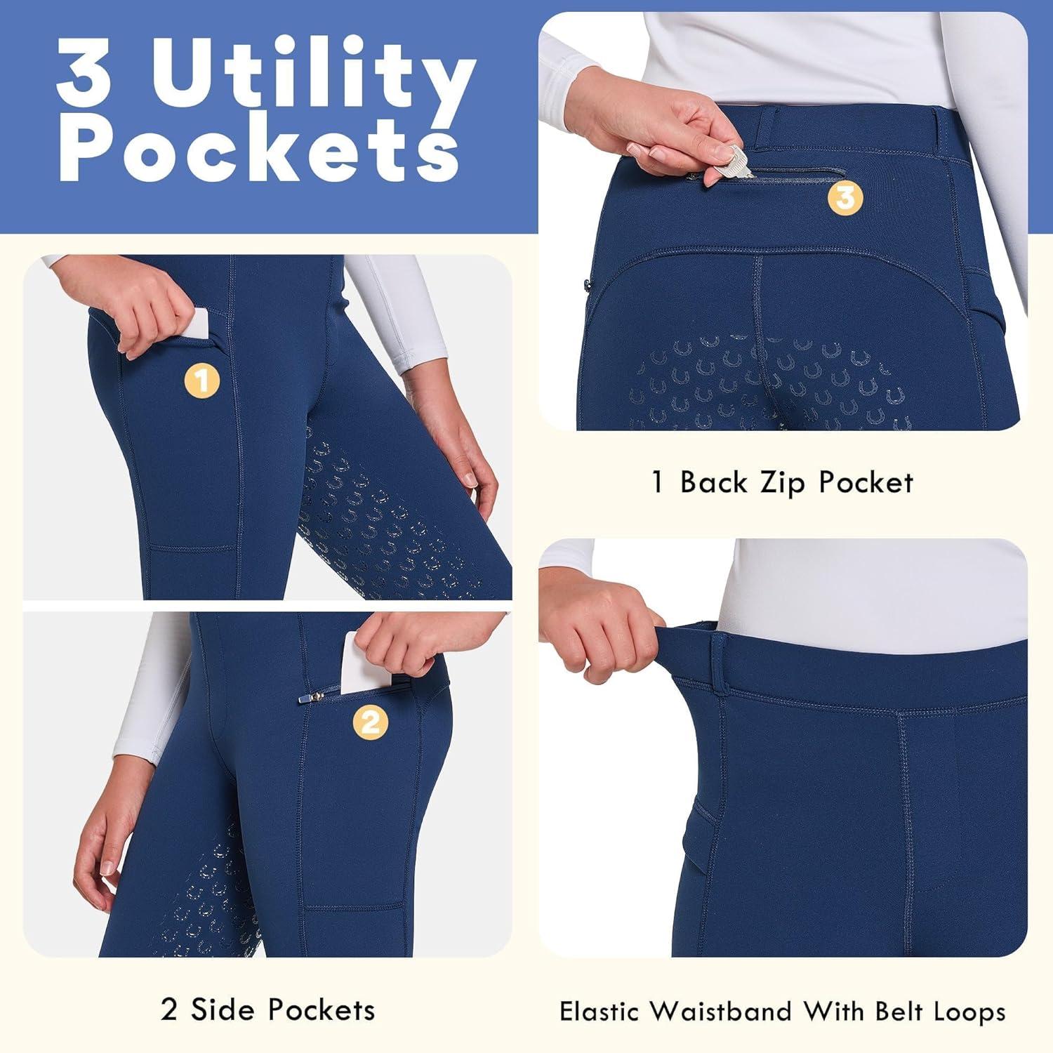 imageFitsT4 Sports Girls Winter Riding Pants Fleece Lined Riding Breeches Kids Full Seat Equestrian Pants Tights with PocketsNavyblue