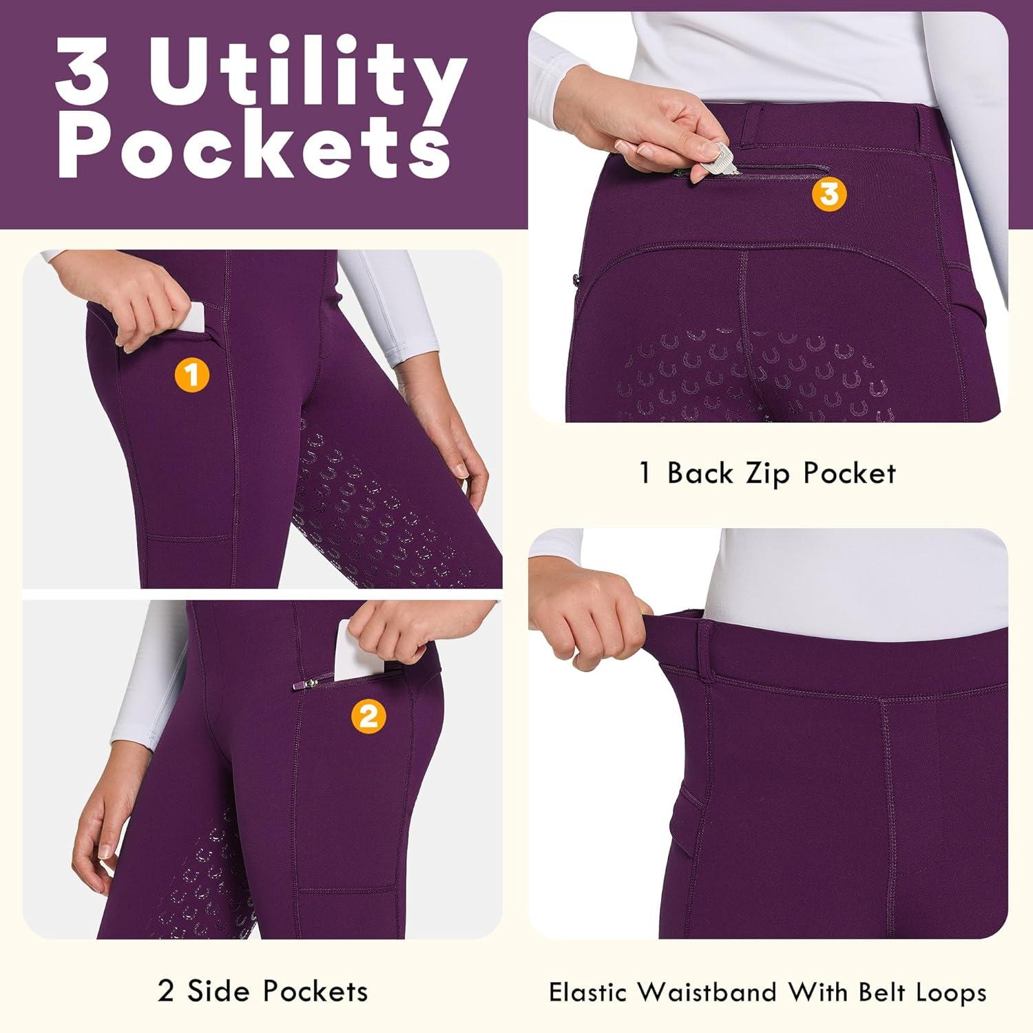 imageFitsT4 Sports Girls Winter Riding Pants Fleece Lined Riding Breeches Kids Full Seat Equestrian Pants Tights with PocketsPurple