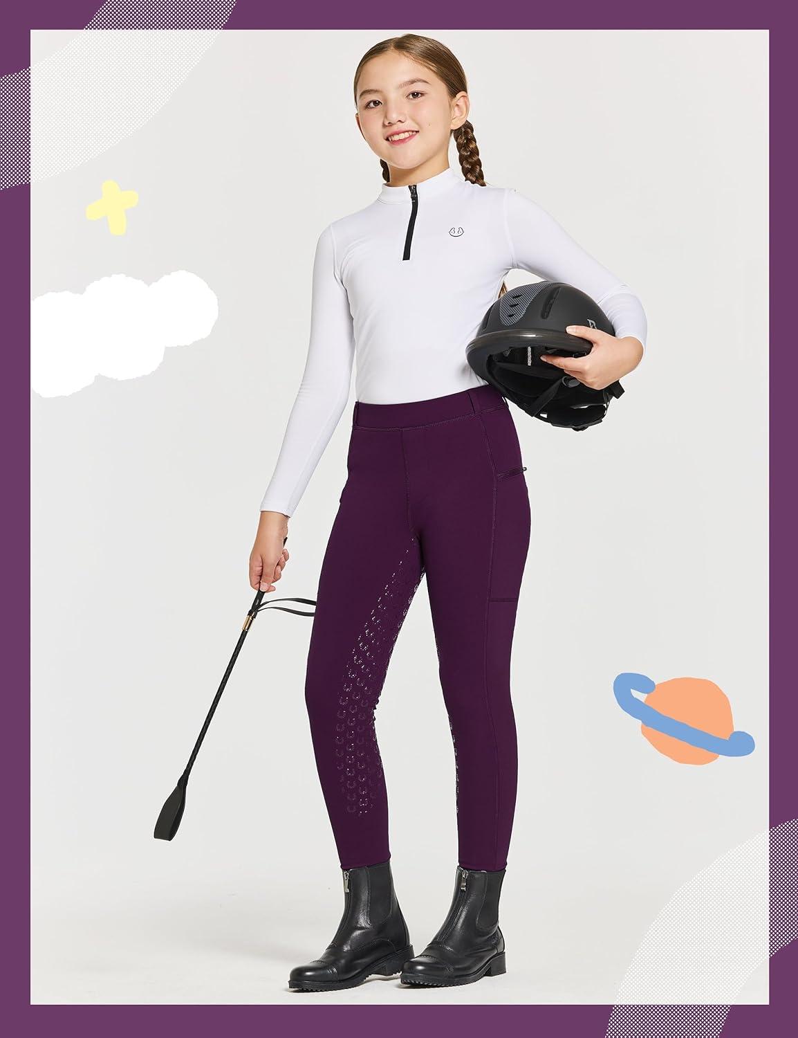 imageFitsT4 Sports Girls Winter Riding Pants Fleece Lined Riding Breeches Kids Full Seat Equestrian Pants Tights with PocketsPurple