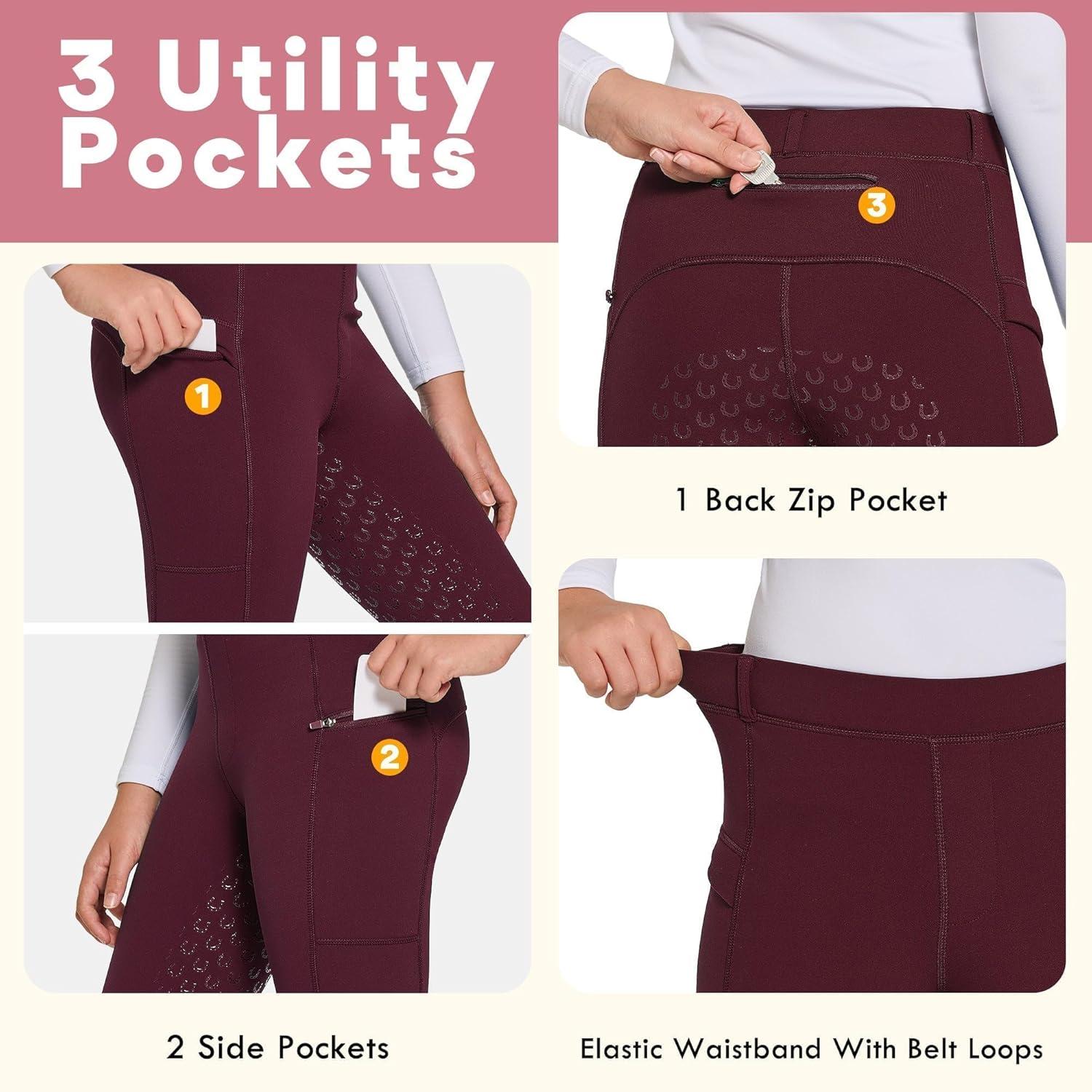 imageFitsT4 Sports Girls Winter Riding Pants Fleece Lined Riding Breeches Kids Full Seat Equestrian Pants Tights with PocketsWine