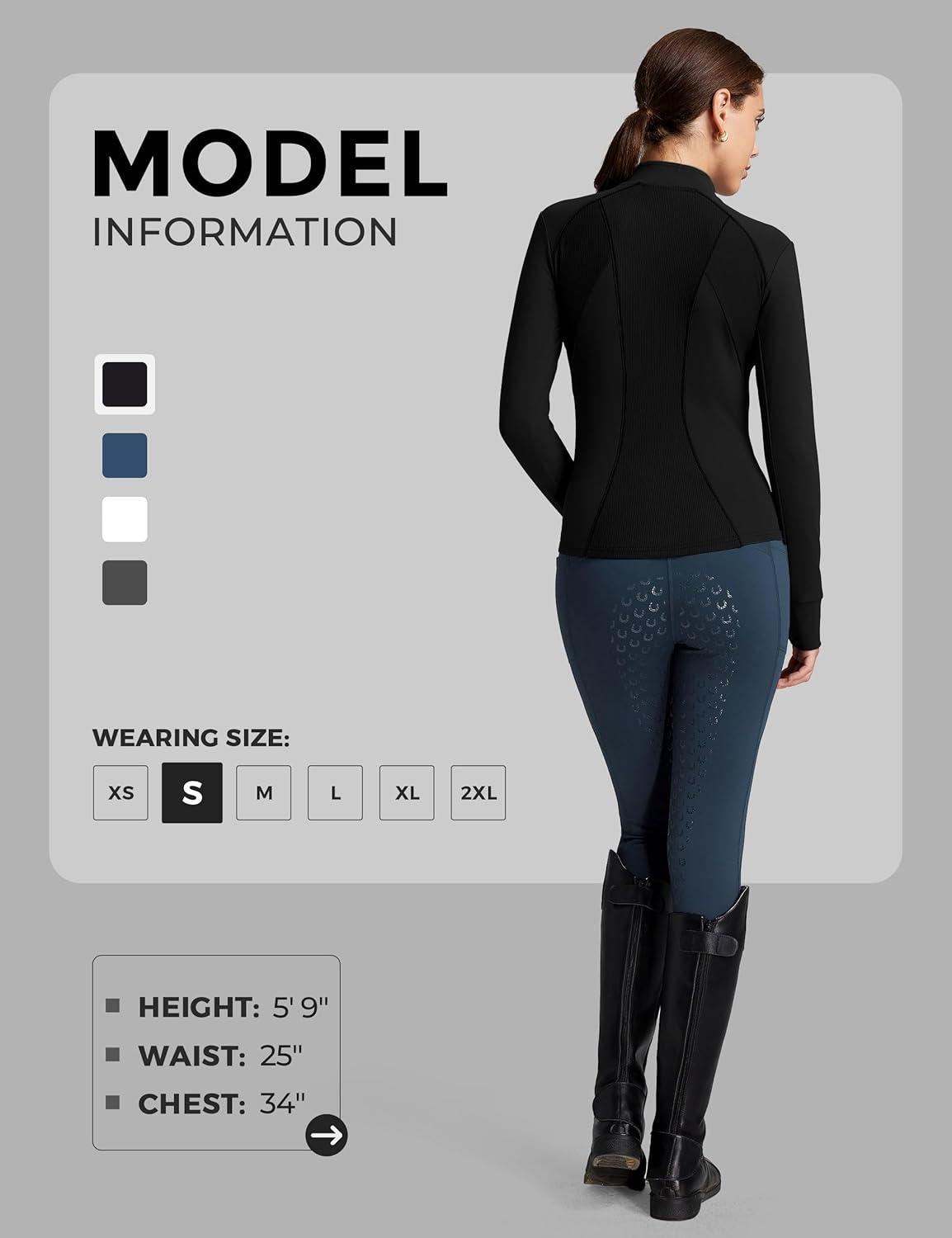 imageFitsT4 Sports Womens Equestrian Riding Shirts Long Sleeve Fleece Lined Horse FullZip Winter Thermal JacketsBlack