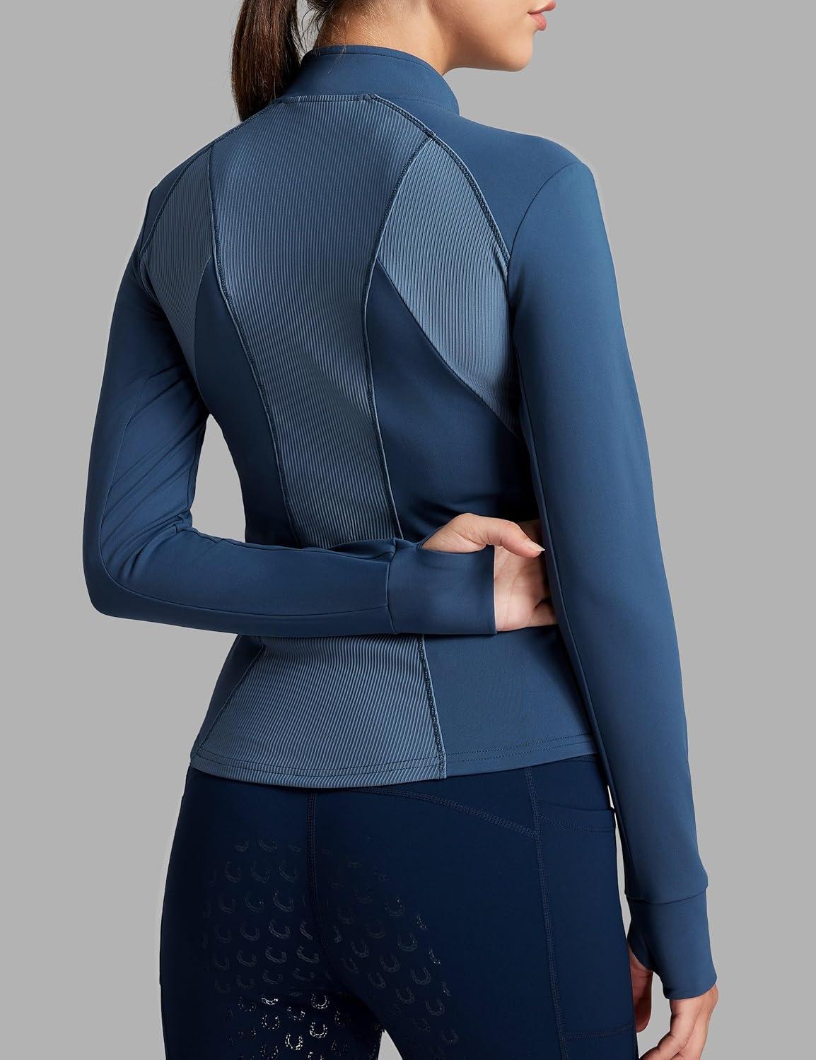 imageFitsT4 Sports Womens Equestrian Riding Shirts Long Sleeve Fleece Lined Horse FullZip Winter Thermal JacketsNavy