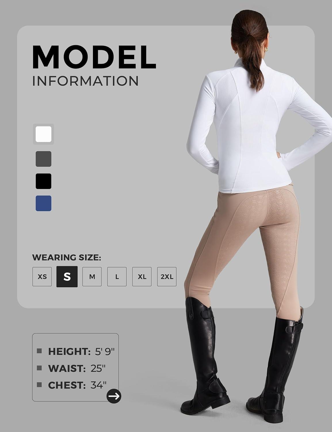 imageFitsT4 Sports Womens Equestrian Riding Shirts Long Sleeve Fleece Lined Horse FullZip Winter Thermal JacketsWhite