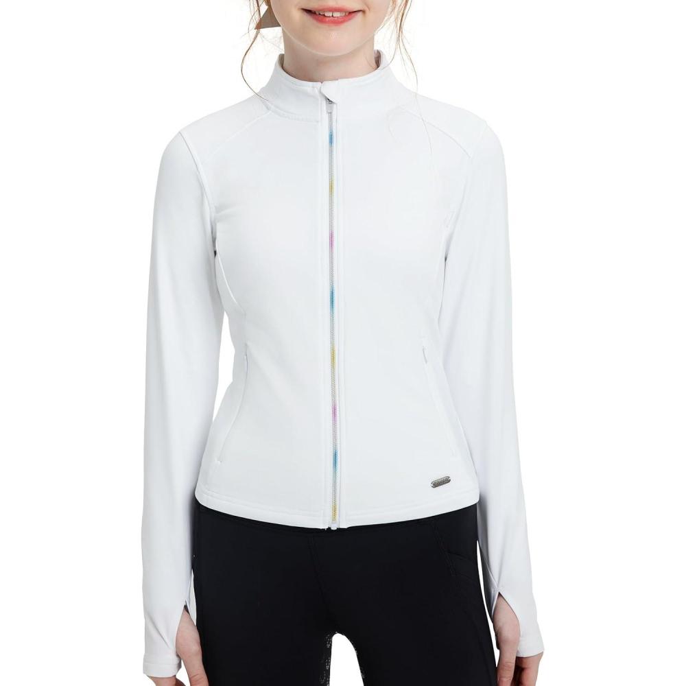 imageFitsT4 Sports Girls Fleece Equestrian Shirt Horse Riding Jacket Fall Winter Warm Horseback Riding Shirts Athletic OutwearWhite