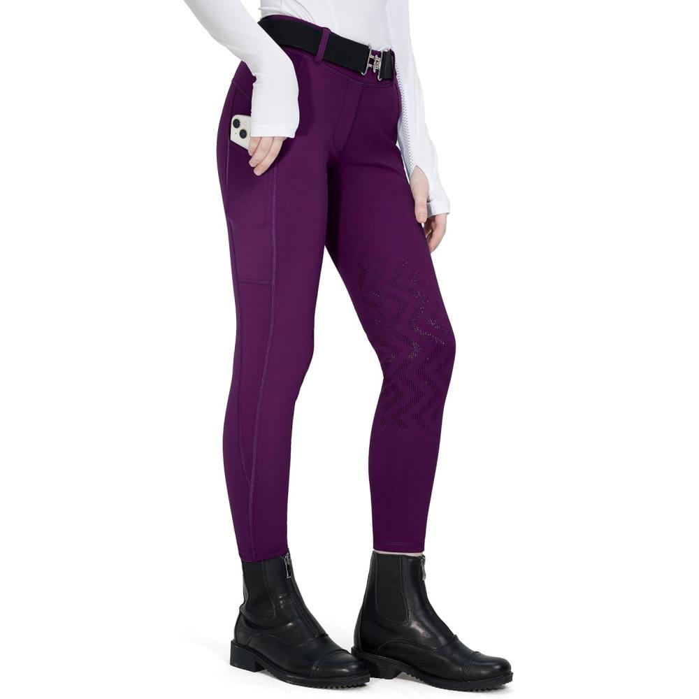 imageFitsT4 Sports Girls Winter Riding Breeches Kids Fleece Horse Riding Pants KneePatch Equestrian Schooling Tights PocketsPurple