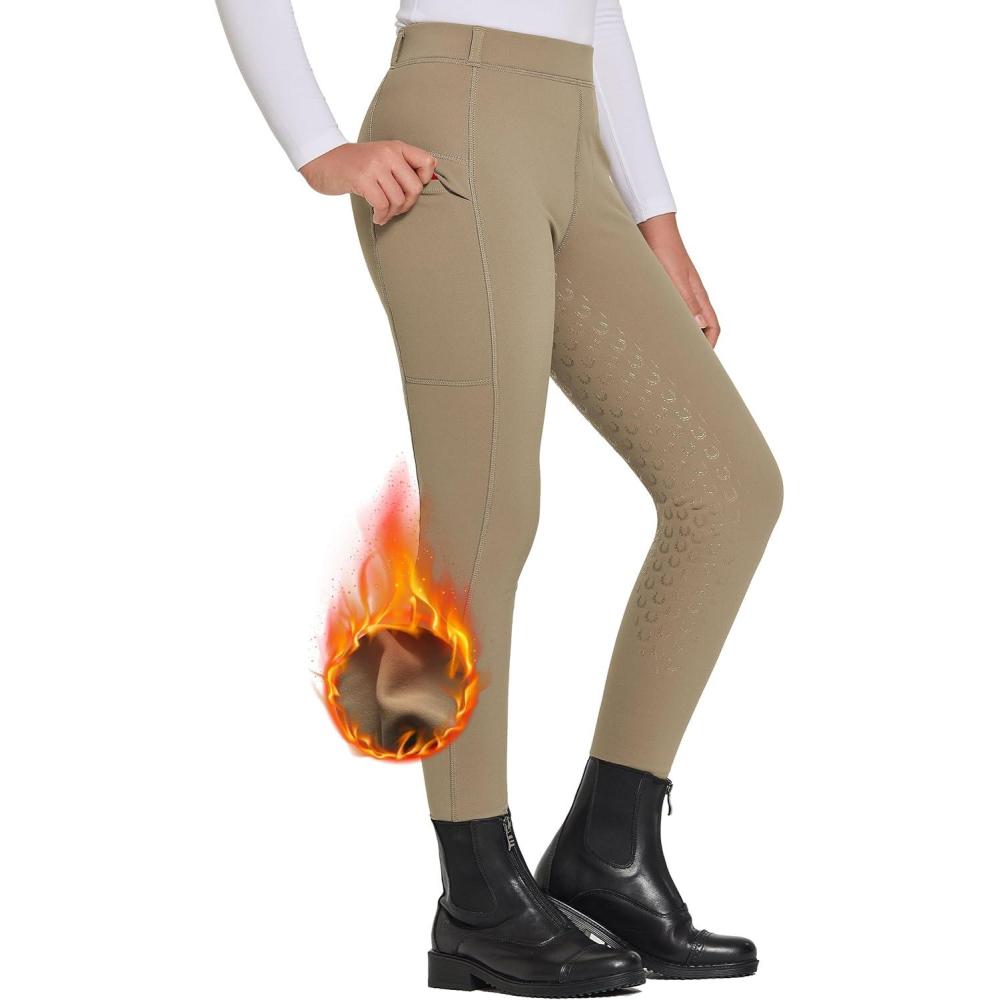 imageFitsT4 Sports Girls Winter Riding Pants Fleece Lined Riding Breeches Kids Full Seat Equestrian Pants Tights with PocketsBrown