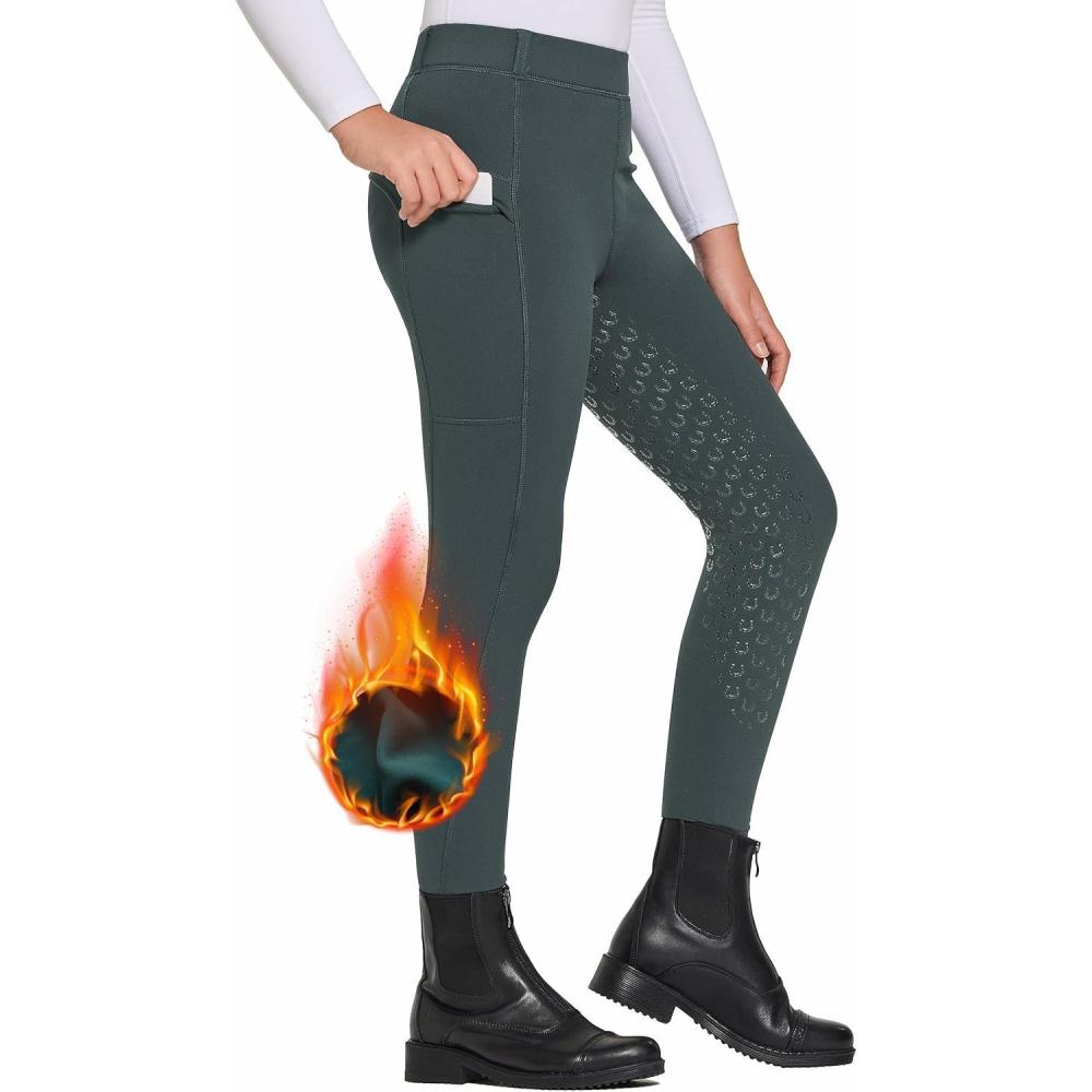 imageFitsT4 Sports Girls Winter Riding Pants Fleece Lined Riding Breeches Kids Full Seat Equestrian Pants Tights with PocketsGrey