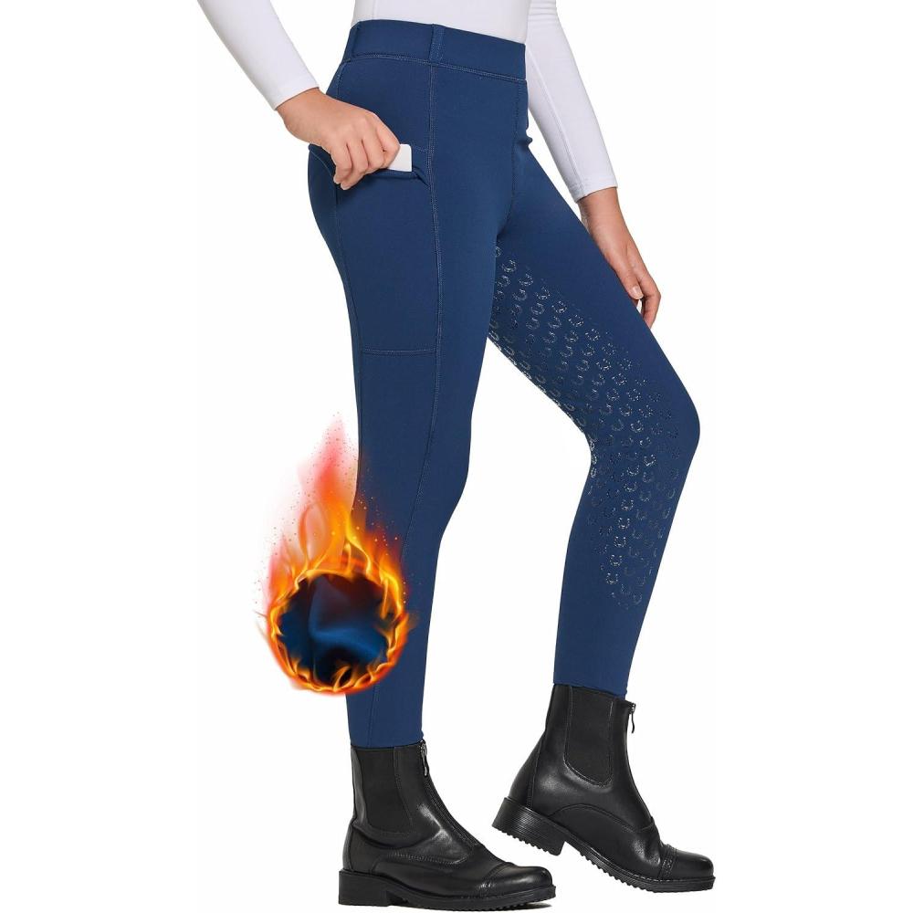 imageFitsT4 Sports Girls Winter Riding Pants Fleece Lined Riding Breeches Kids Full Seat Equestrian Pants Tights with PocketsNavyblue