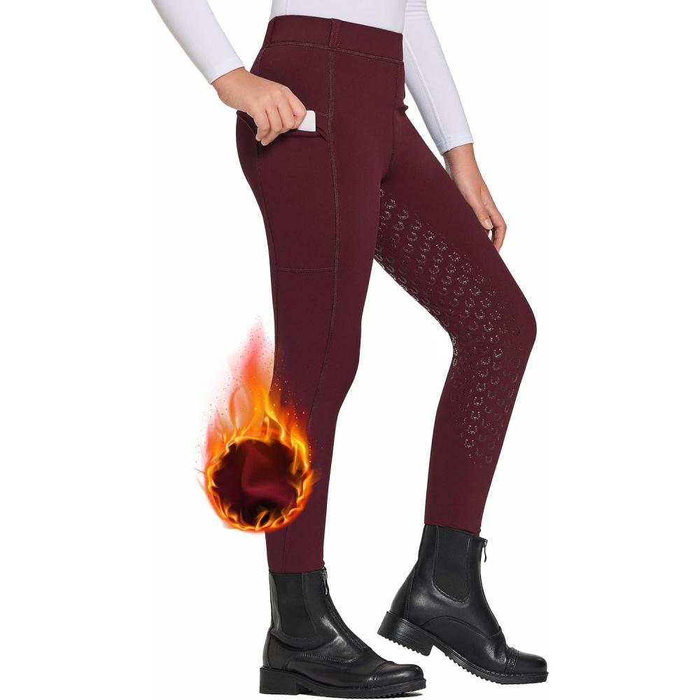 imageFitsT4 Sports Girls Winter Riding Pants Fleece Lined Riding Breeches Kids Full Seat Equestrian Pants Tights with PocketsWine