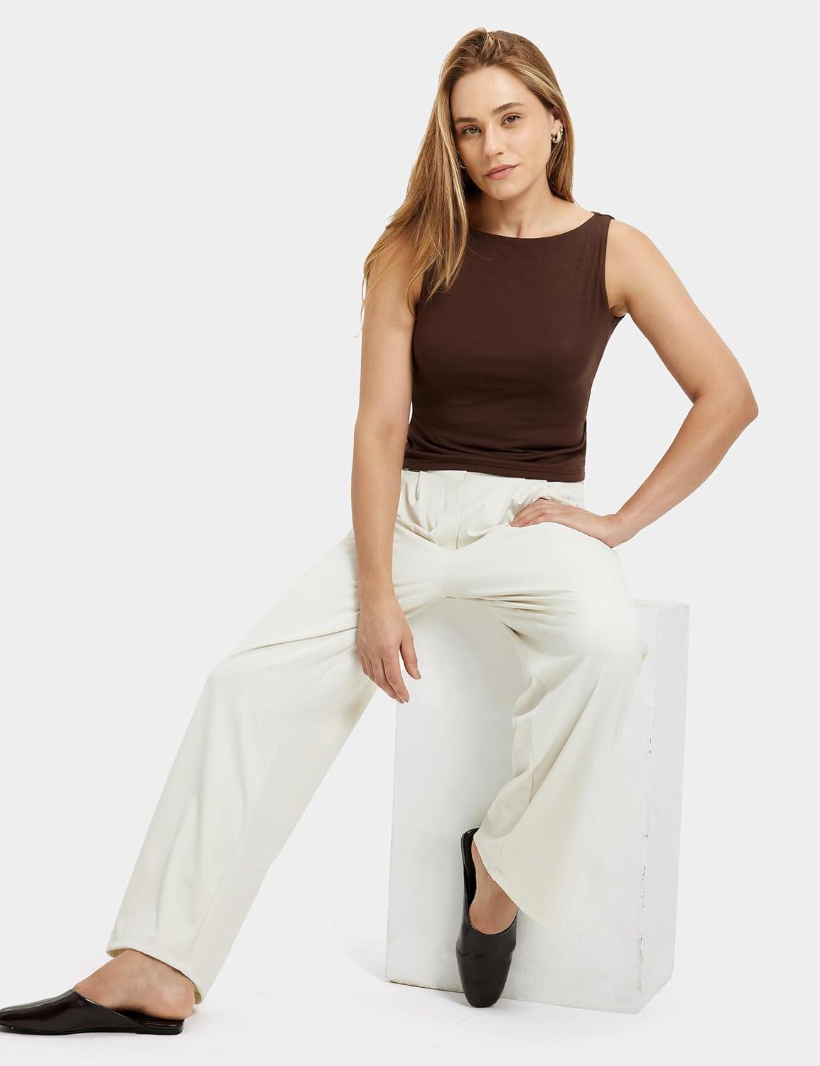 imageFitsT4 Sports Womens Wide Leg Dress Pants High Waisted Business Casual Pleated Trousers for Office Work PantsOffwhite