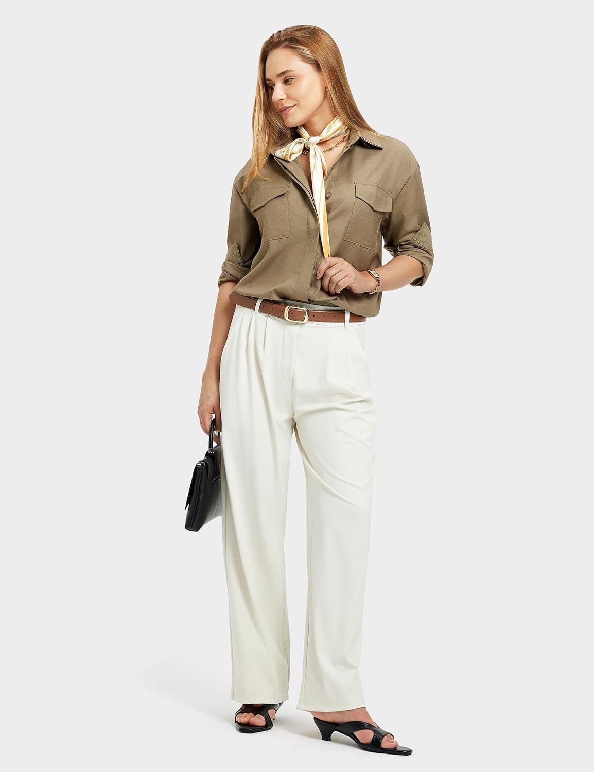 imageFitsT4 Sports Womens Wide Leg Dress Pants High Waisted Business Casual Pleated Trousers for Office Work PantsOffwhite