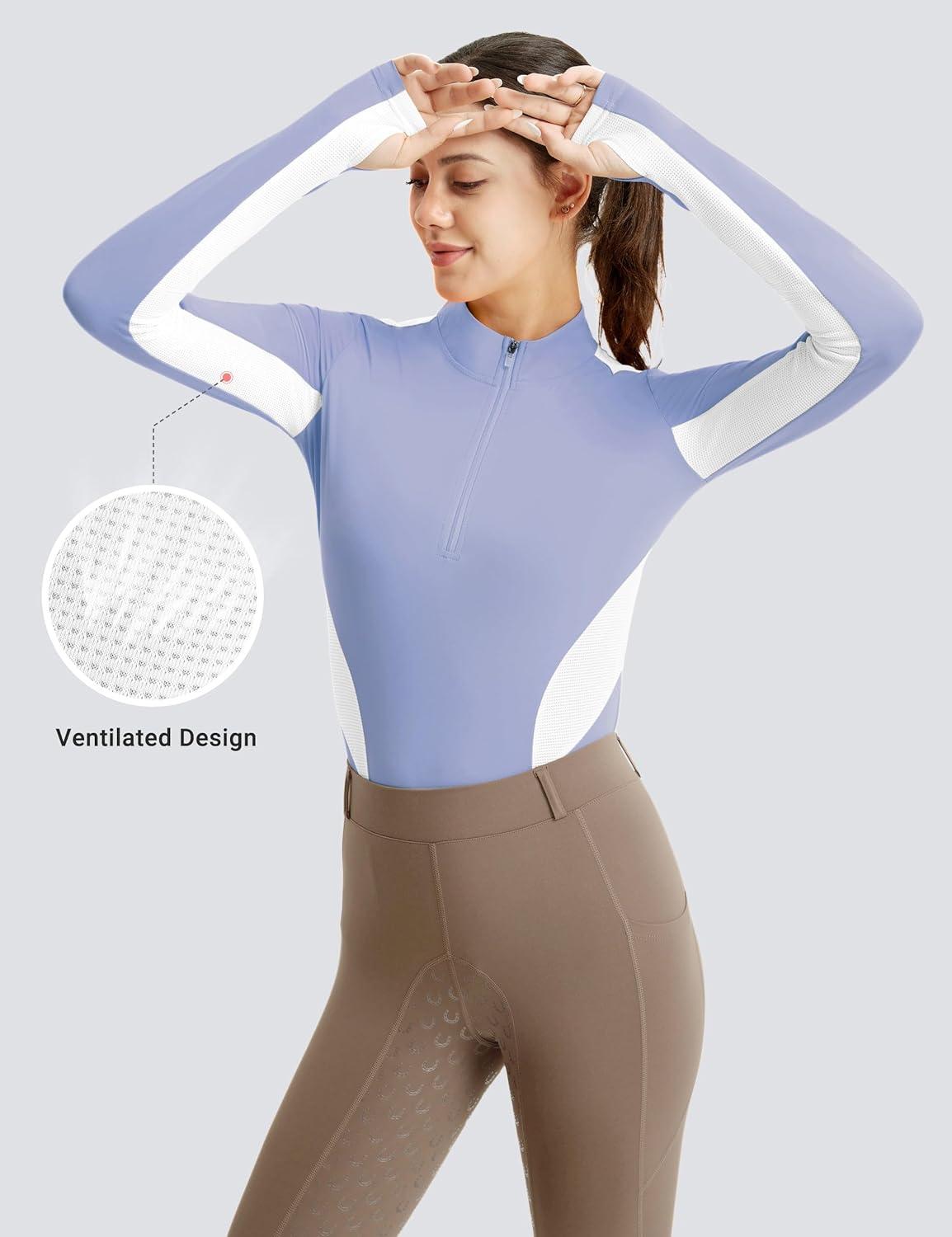 imageFitsT4 Sports Womens Equestrian Shirts Thumbholes Long Sleeve Horse Riding Shirts Quick Dry UPF50 Riding Top Half ZipIceblue